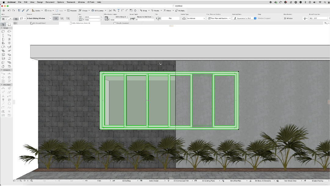 Vue Archicad d’une façade avec mur composite pierre/enduit, où la grande fenêtre coulissante est sélectionnée en surbrillance verte pour montrer qu’elle est associée uniquement au premier mur et ne coupe pas la couche de mur située à droite, au‑dessus d’une rangée d’arbustes.
