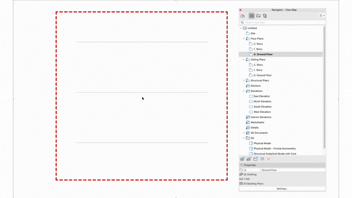 Interface Archicad montrant une mise en page de plan A3 avec un cadre rouge en pointillés autour de la zone de dessin vide, et le panneau Navigateur – Carte de vues à droite listant les plans d’étage, coupes, façades et modèles 3D.
