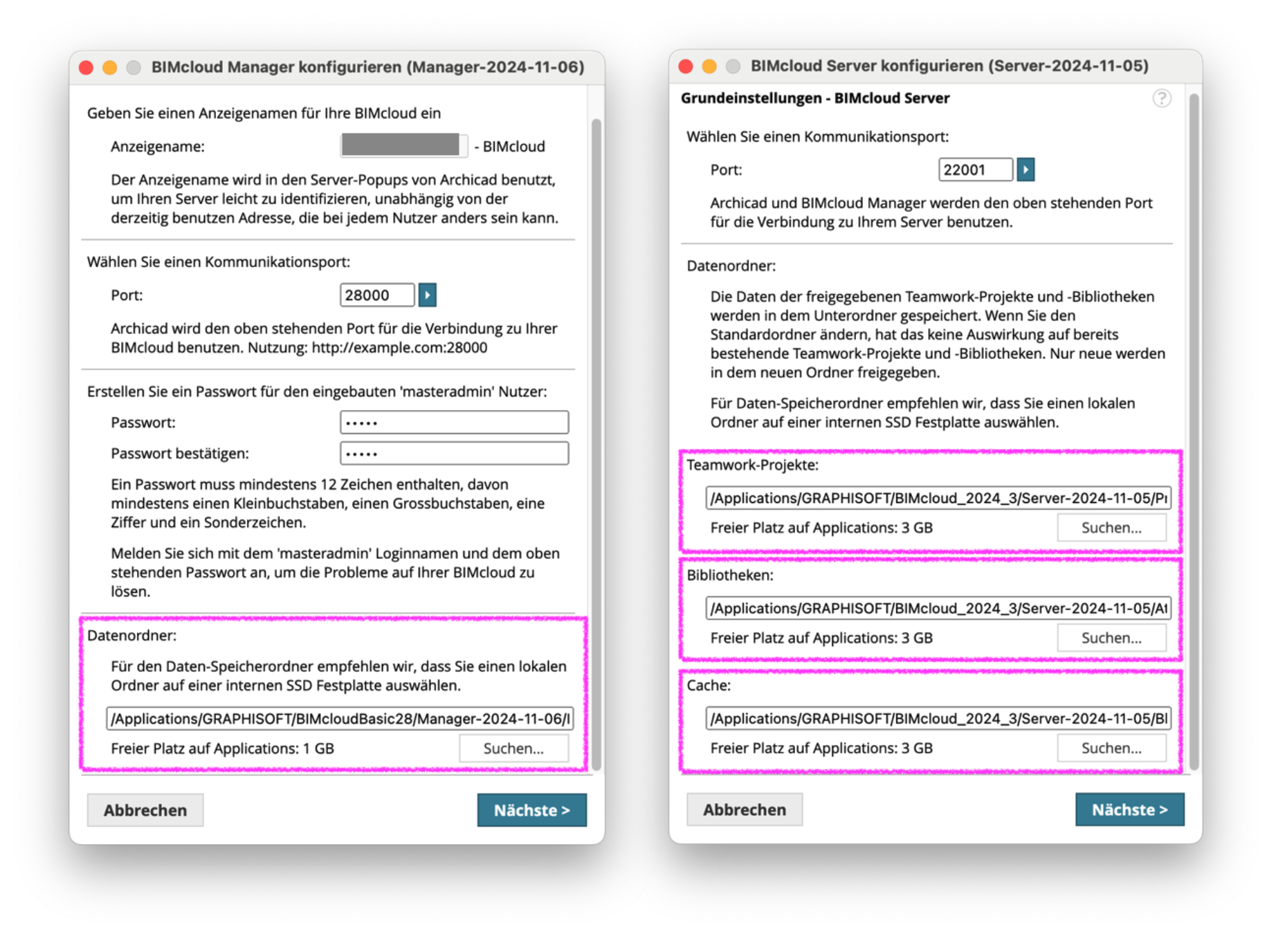 Zwei Konfigurationsdialoge für BIMcloud Manager und BIMcloud Server mit hervorgehobenen Eingabefeldern für Datenordner, Teamwork-Projekte, Bibliotheken und Cachepfade.