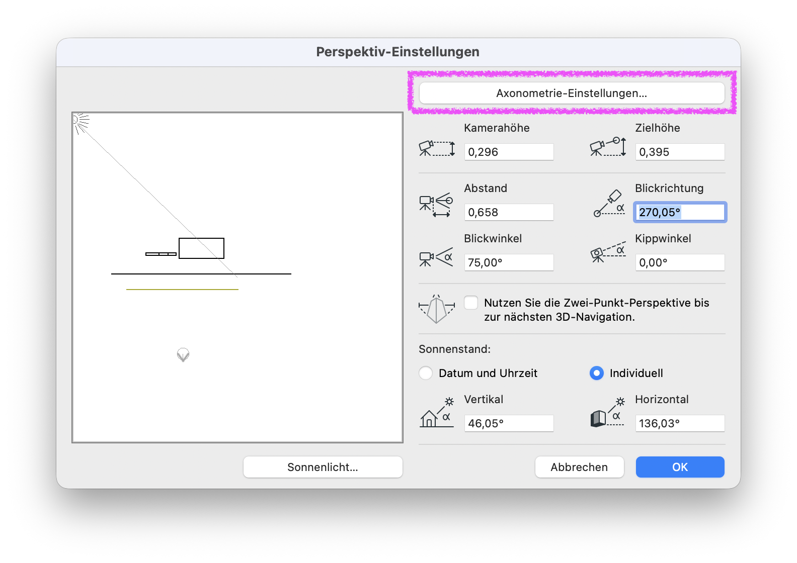 Dialogfenster **Perspektiv-Einstellungen** mit hervorgehobener Schaltfläche **Axonometrie-Einstellungen…**. Über diese Schaltfläche kann von der perspektivischen Darstellung auf eine axonometrische 3D-Darstellung umgestellt und deren Projektionseinstellungen angepasst werden.