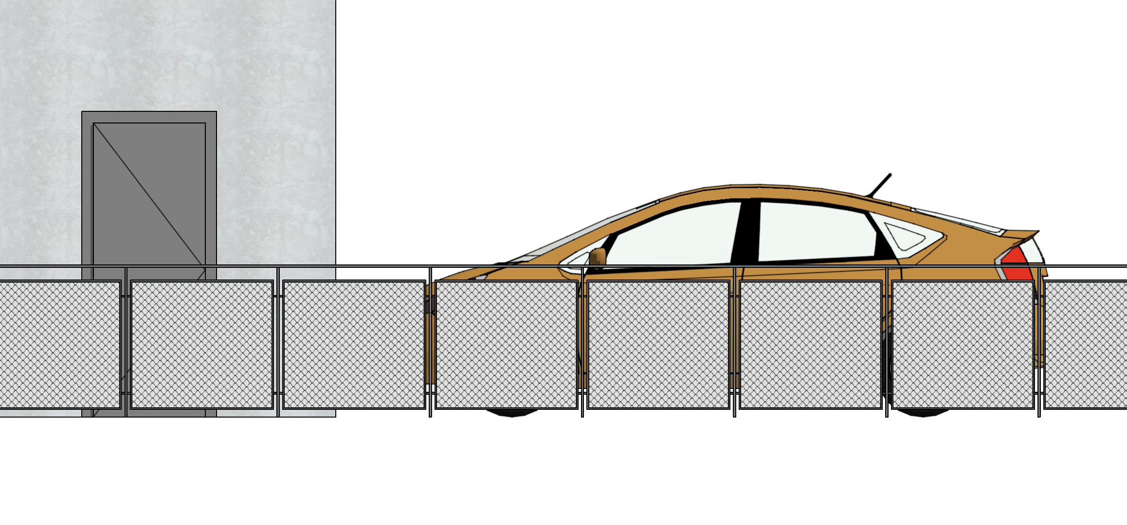 Seitenansicht eines Fahrzeugs hinter einem Zaunelement. Das Fahrzeug wird nur teilweise dargestellt und von den Zaunfeldern verdeckt. Im Hintergrund ist eine Gebäudewand mit Tür sichtbar. Die Darstellung dient als Beispiel für eine Ansicht mit überdeckenden bzw. verdeckten Elementen.