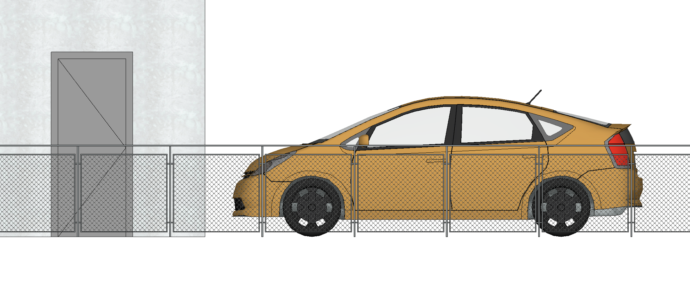 Seitenansicht eines Fahrzeugs hinter einem transparent dargestellten Zaunelement. Das Fahrzeug bleibt trotz der davorliegenden Zaunfüllung vollständig sichtbar. Im Hintergrund befindet sich eine Gebäudewand mit Tür. Die Darstellung zeigt die korrekte Sichtbarkeit von Elementen hinter transparenten Oberflächen.