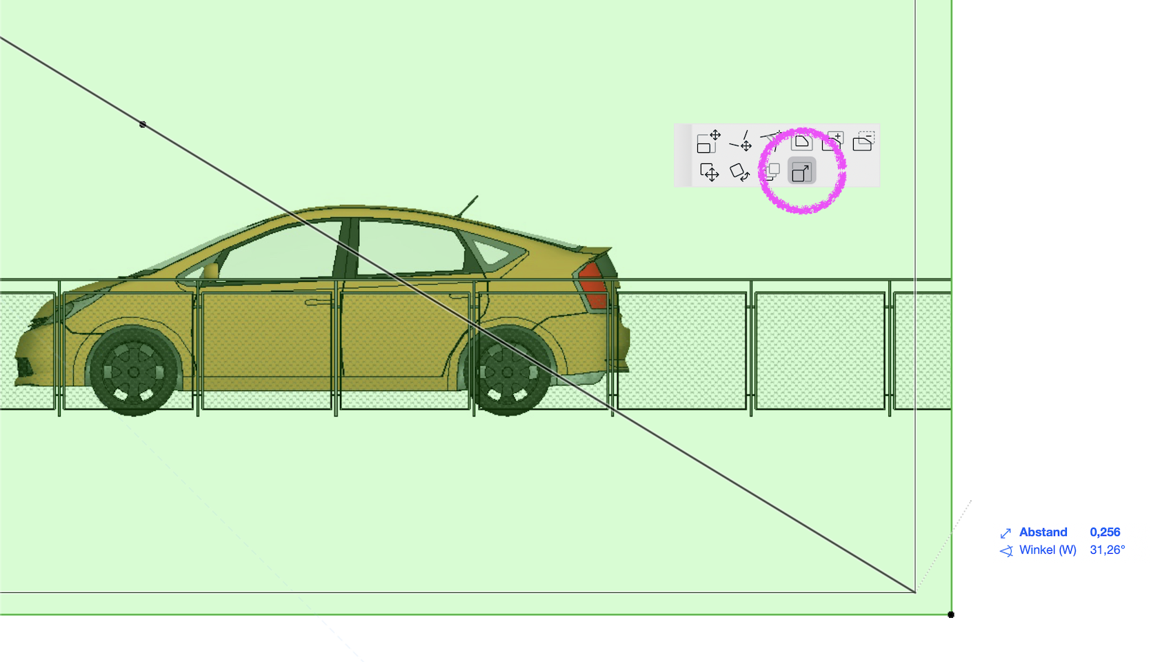 Zeichnung auf Layout mit hervorgehobenen Befehl "Längenänderung" in der Pet-Palette.