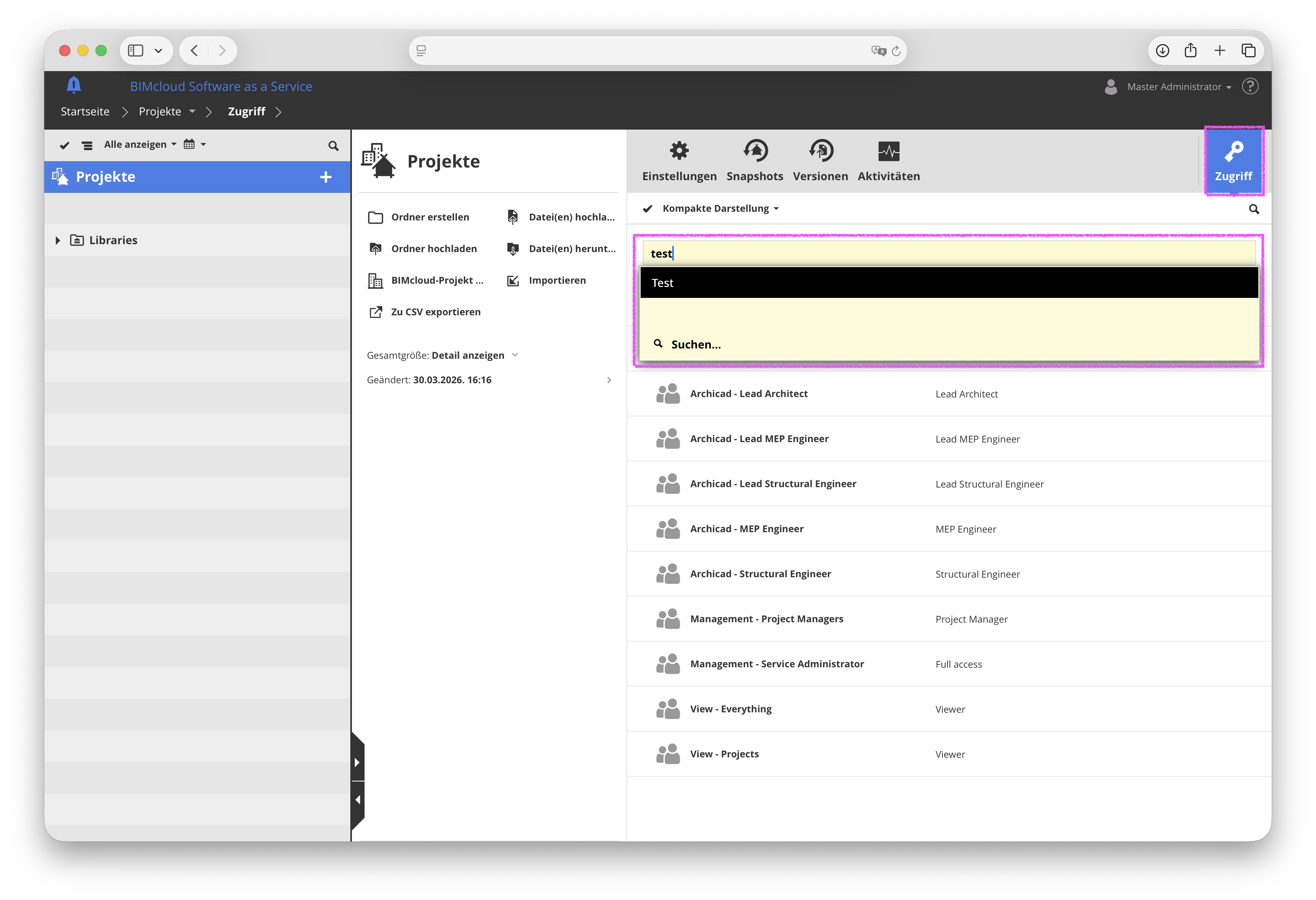 BIMcloud SaaS im Unterpunkt Projekte mit offenen Zugriff mit 'Test' definiert wird.