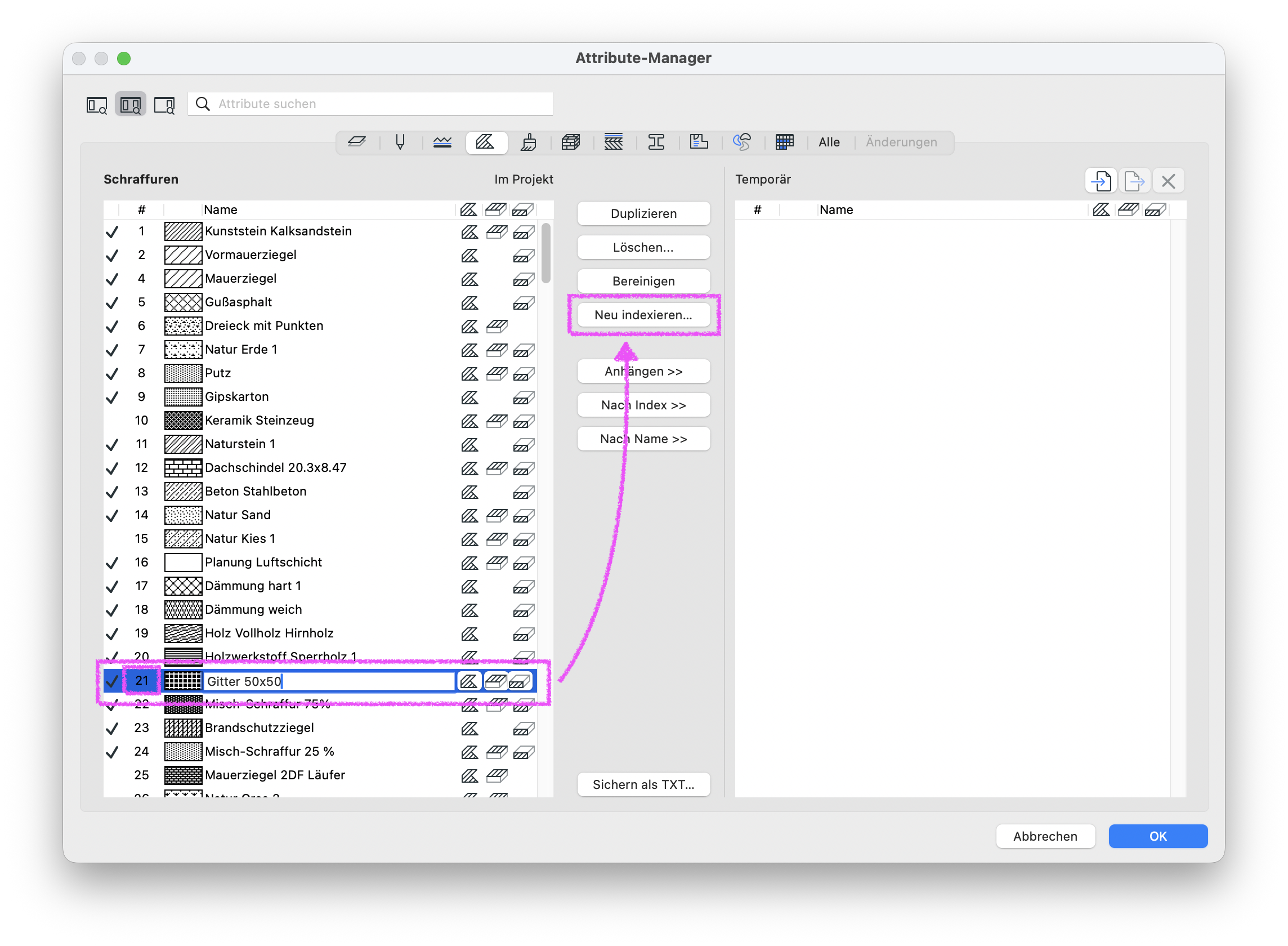 Im Dialog Attribut‑Manager ist im Bereich Schraffuren die Schraffur Gitter 50×50 mit dem Index 21 ausgewählt, eine magenta Markierung und ein Pfeil weisen auf die Schaltfläche Neu indexieren… im rechten Bereich Im Projekt hin die zum Anpassen der Attribut‑Indexnummern verwendet wird.