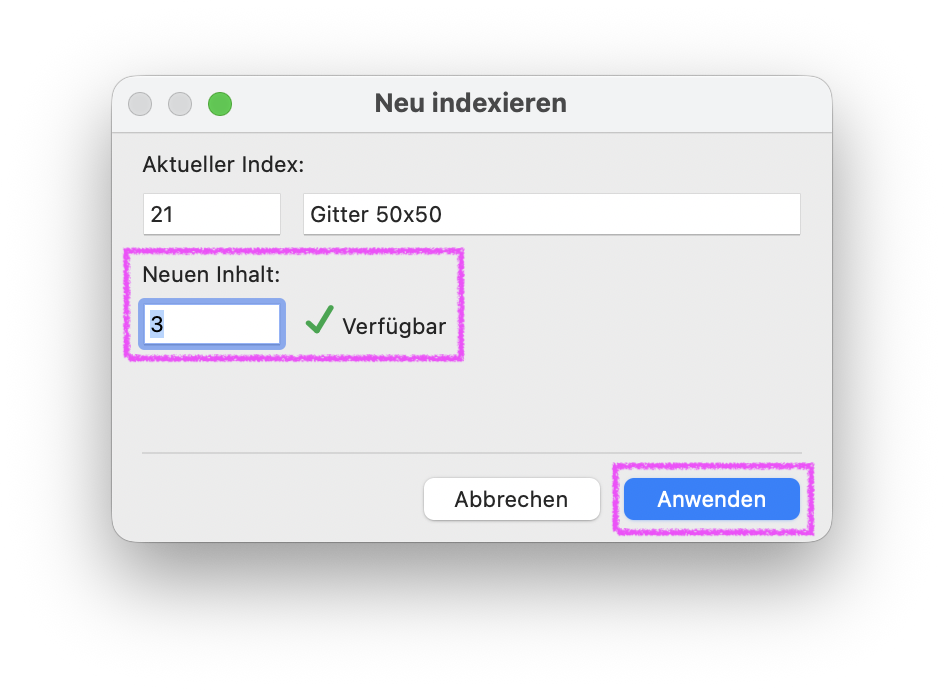 Dialog Neu indexieren für das Schraffur‑Attribut Gitter 50×50, oben wird der Aktueller Index mit der Zahl 21 angezeigt während im Bereich Neuen Inhalt der freie Zielindex 3 eingetragen ist und mit dem Hinweis Verfügbar bestätigt wird, unten rechts ist die Schaltfläche Anwenden hervorgehoben.