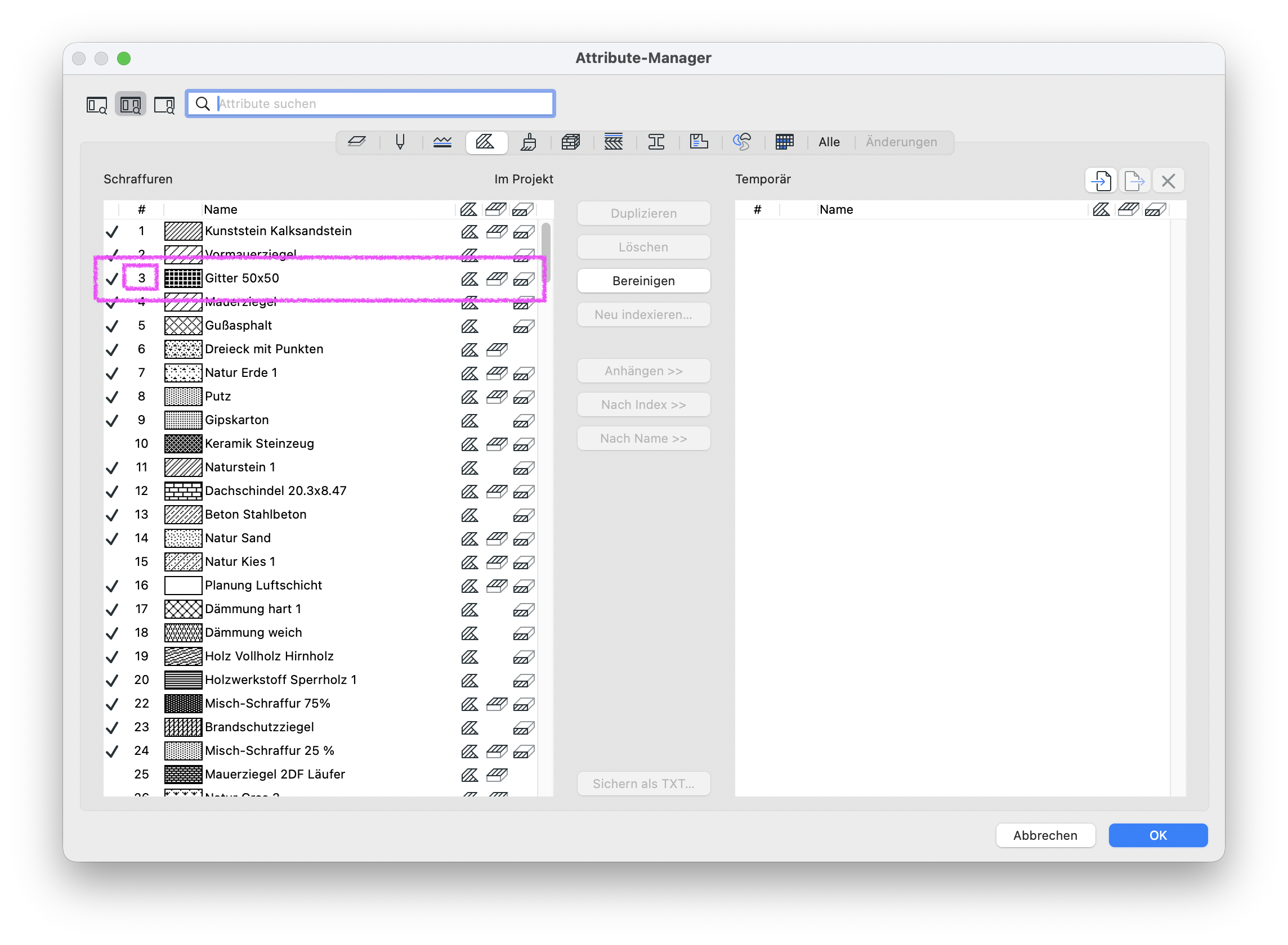 Im Dialog Attribut‑Manager im Register Schraffuren ist das Attribut Gitter 50×50 nun mit der Indexnummer 3 in der ersten Spalte ausgewiesen, eine magenta Markierung hebt die geänderte Indexzeile hervor und zeigt dass die Schraffur weiterhin als Projekt‑Schraffur aktiv ist.