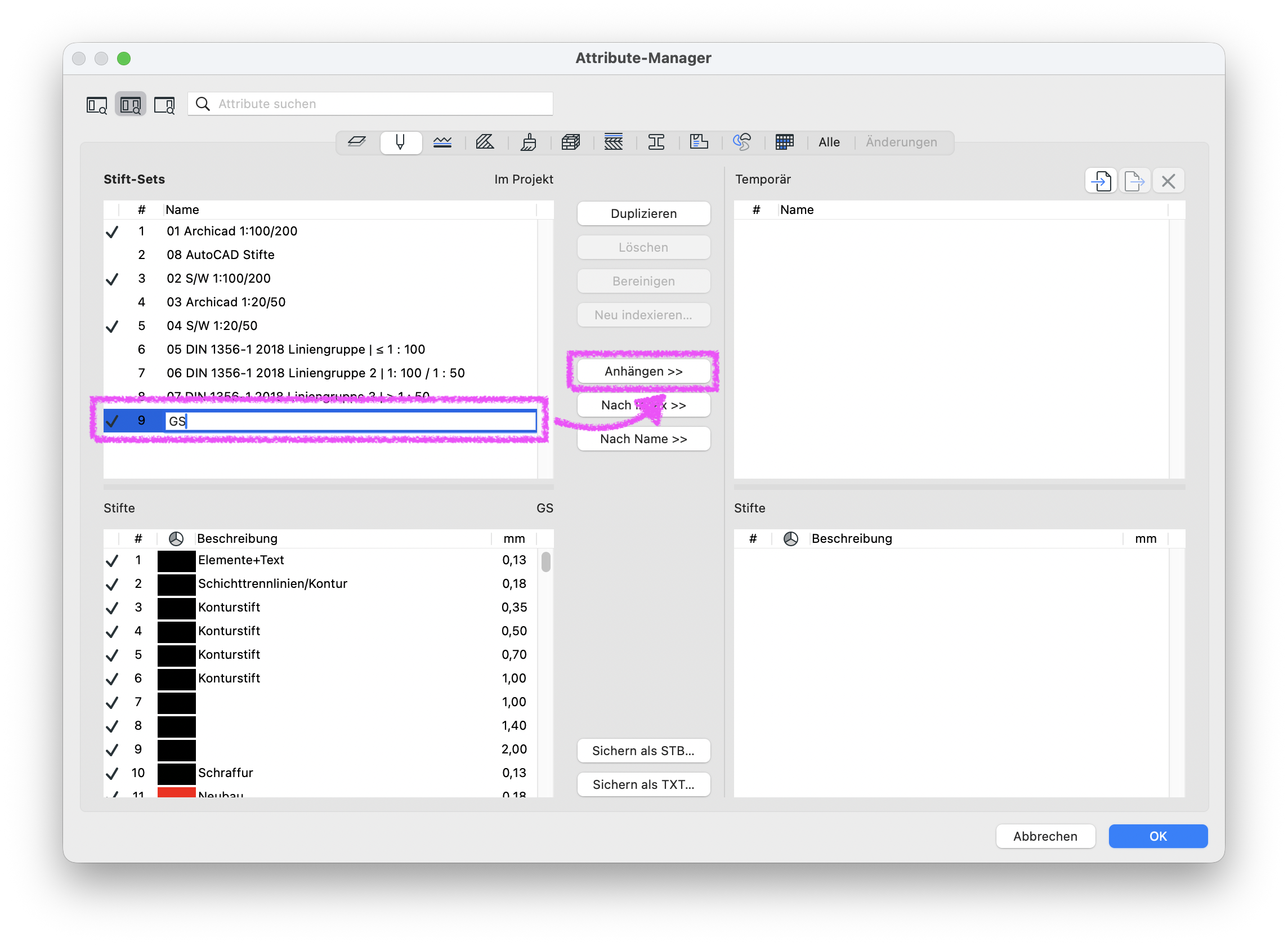 Im Dialog Attribut‑Manager ist im Bereich Stift‑Sets das Set GS mit der Indexnummer 9 ausgewählt, eine magenta Markierung verbindet diese Zeile mit der Schaltfläche Anhängen >> im rechten Bereich Im Projekt über die dieses Stift‑Set in ein anderes Projekt oder in den temporären Bereich übertragen werden kann während unten links die zugehörigen Stifte des Sets GS in der Tabelle angezeigt werden.