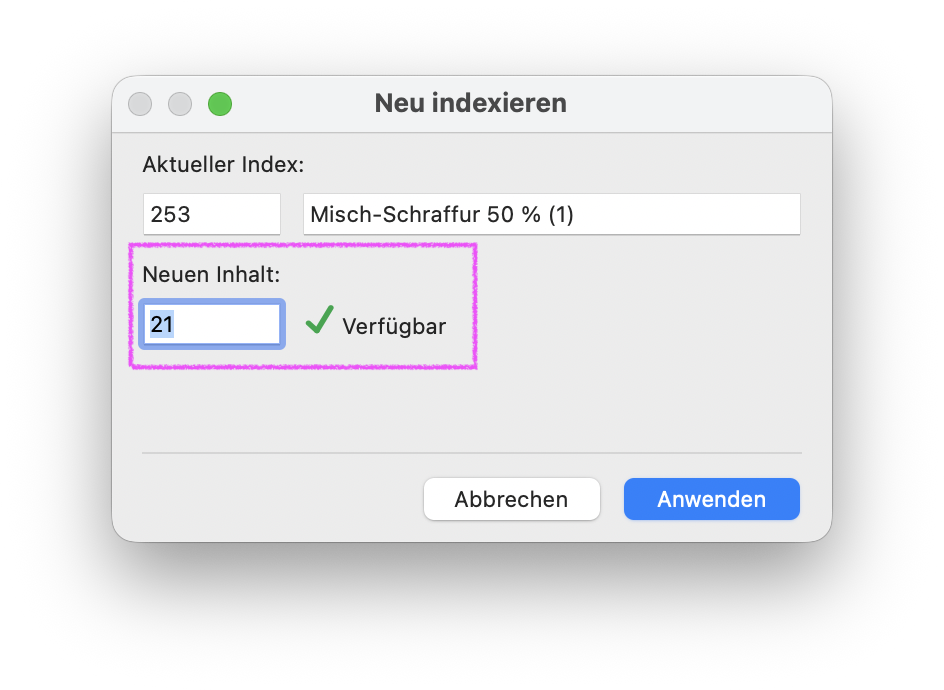 Dialog Neu indexieren für das Schraffur‑Attribut Misch‑Schraffur 50 % (1), oben wird der Aktueller Index mit der Zahl 253 angezeigt während im Bereich Neuen Inhalt der neue Zielindex 21 eingetragen ist und mit dem Hinweis Verfügbar bestätigt wird, unten stehen die Schaltflächen Abbrechen und Anwenden zur Auswahl.