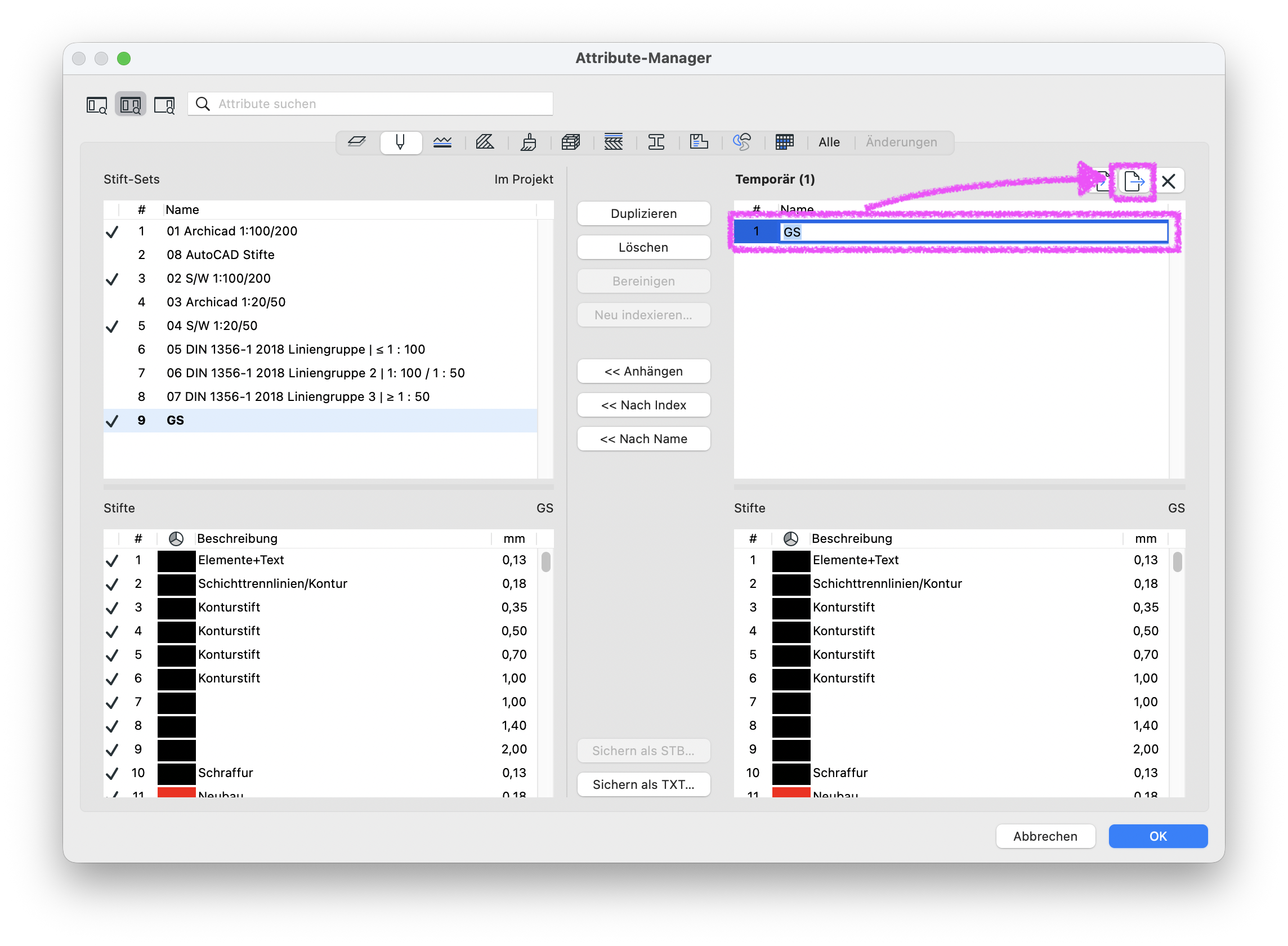 Im Dialog Attribut‑Manager im Register Stift‑Sets ist das Set GS mit der Indexnummer 9 weiterhin im linken Bereich Im Projekt ausgewählt, rechts im Bereich Temporär (1) wurde dasselbe Set unter der Nummer 1 eingefügt und ist blau hinterlegt während eine magenta Hervorhebung auf die Schaltfläche mit dem Ordner‑Symbol oben rechts hinweist mit der die temporären Attribute in eine externe Datei gesichert werden können.