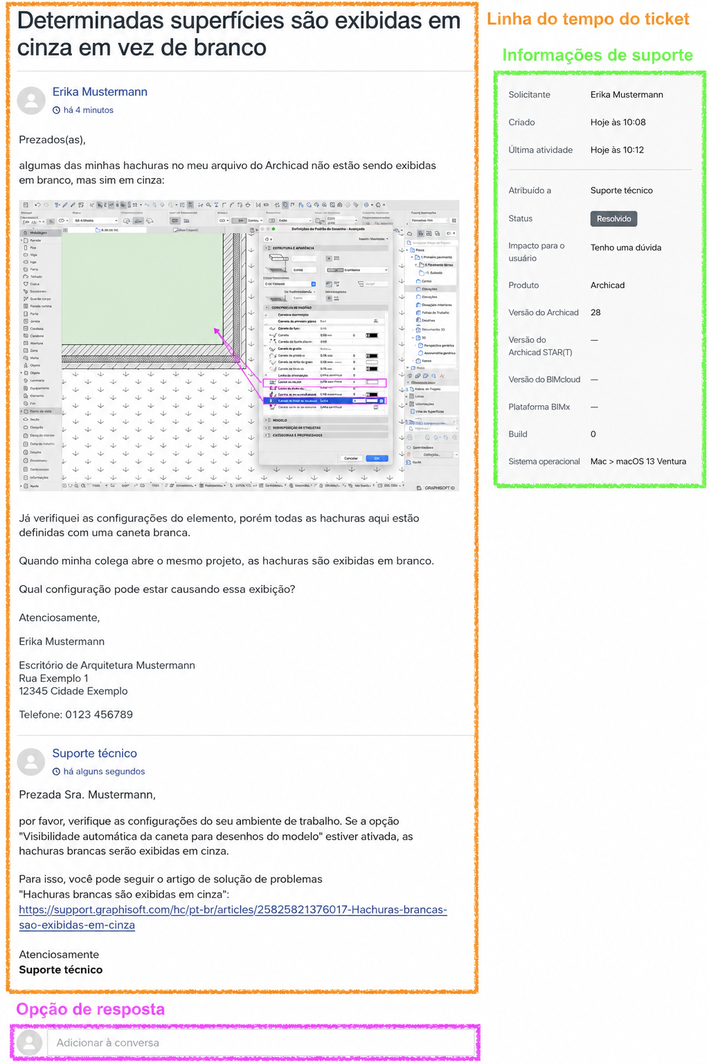 Captura de tela de uma solicitação de suporte da Graphisoft com o título Certas superfícies aparecem cinza em vez de branco, mostrando à esquerda o histórico da solicitação com descrição e imagem incorporada do Archicad, e à direita um bloco de informações com detalhes do ticket, como versão do produto, status e sistema operacional.