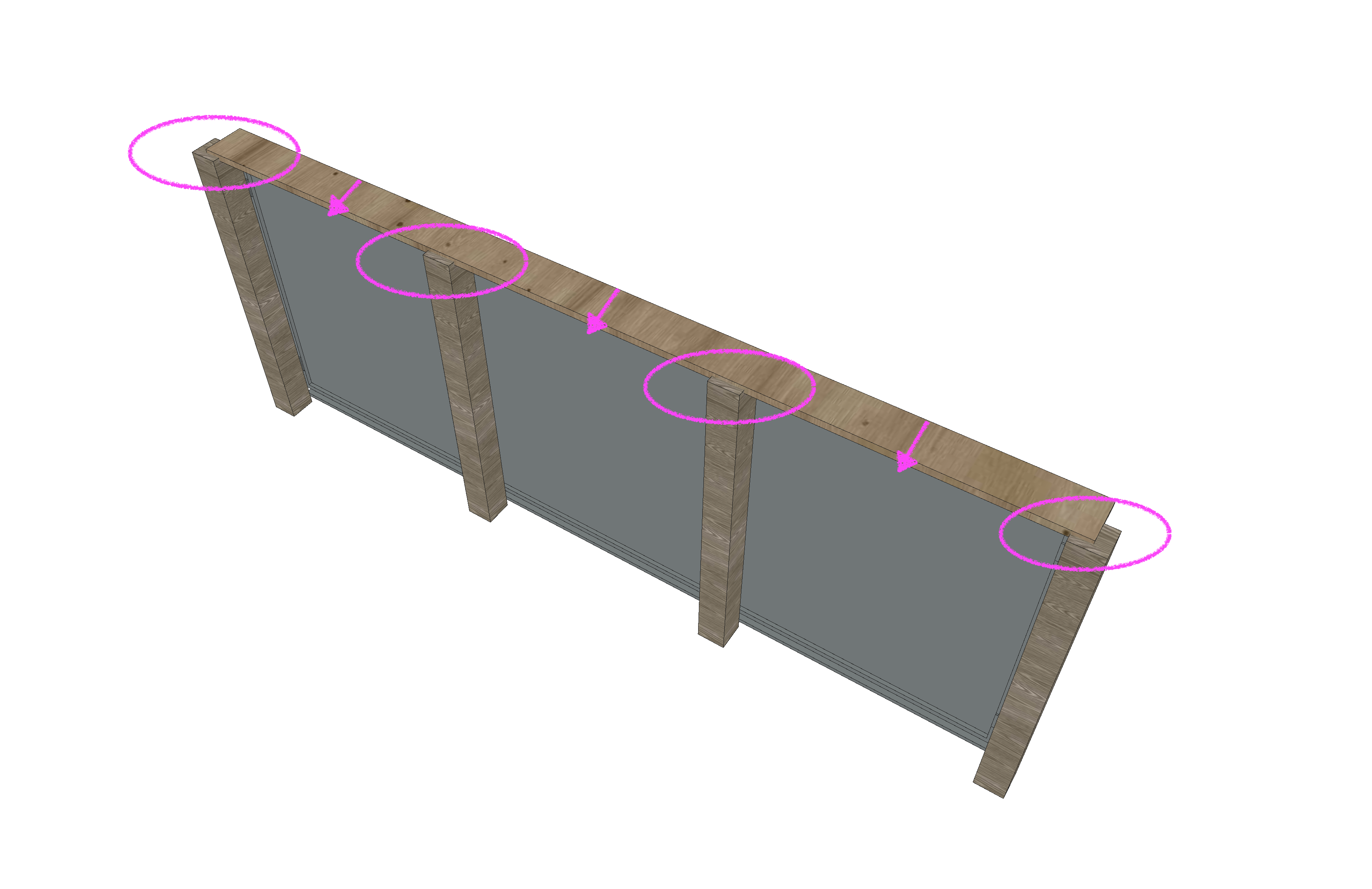 Darstellung Geländer in 3D mit Markierungen am Handlauf um zu Verdeutlichen, dass der Handlauf ausgehend von einem festen Bezugspunkt breiter werden muss.
