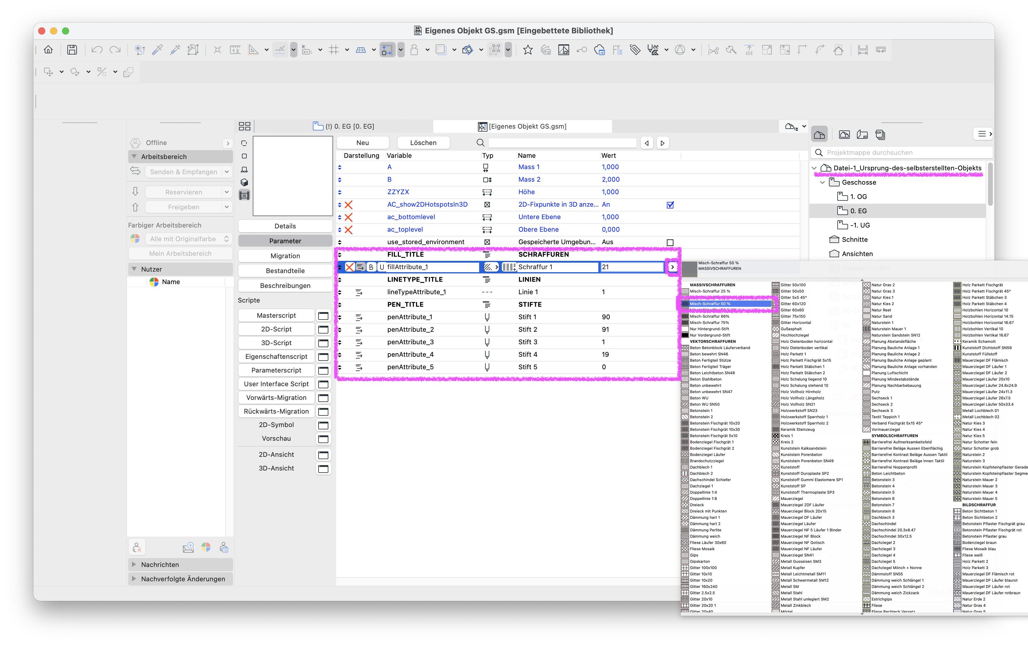Dialog des GDL‑Editors mit geöffnetem Objekt Eigenes Objekt GS.gsm aus der Eingebetteten Bibliothek, im Reiter Parameter ist der Block FILL_TITLE, LINETYPE_TITLE und PEN_TITLE hervorgehoben in dem der Parameter fillAttribute_1 die Schraffur 1 mit dem Index 21 referenziert und die Parameter penAttribute_1–5 auf die Stifte 1–5 verweisen, rechts unten ist das Kontextmenü mit der ausgewählten Misch‑Schraffur 50 % markiert.