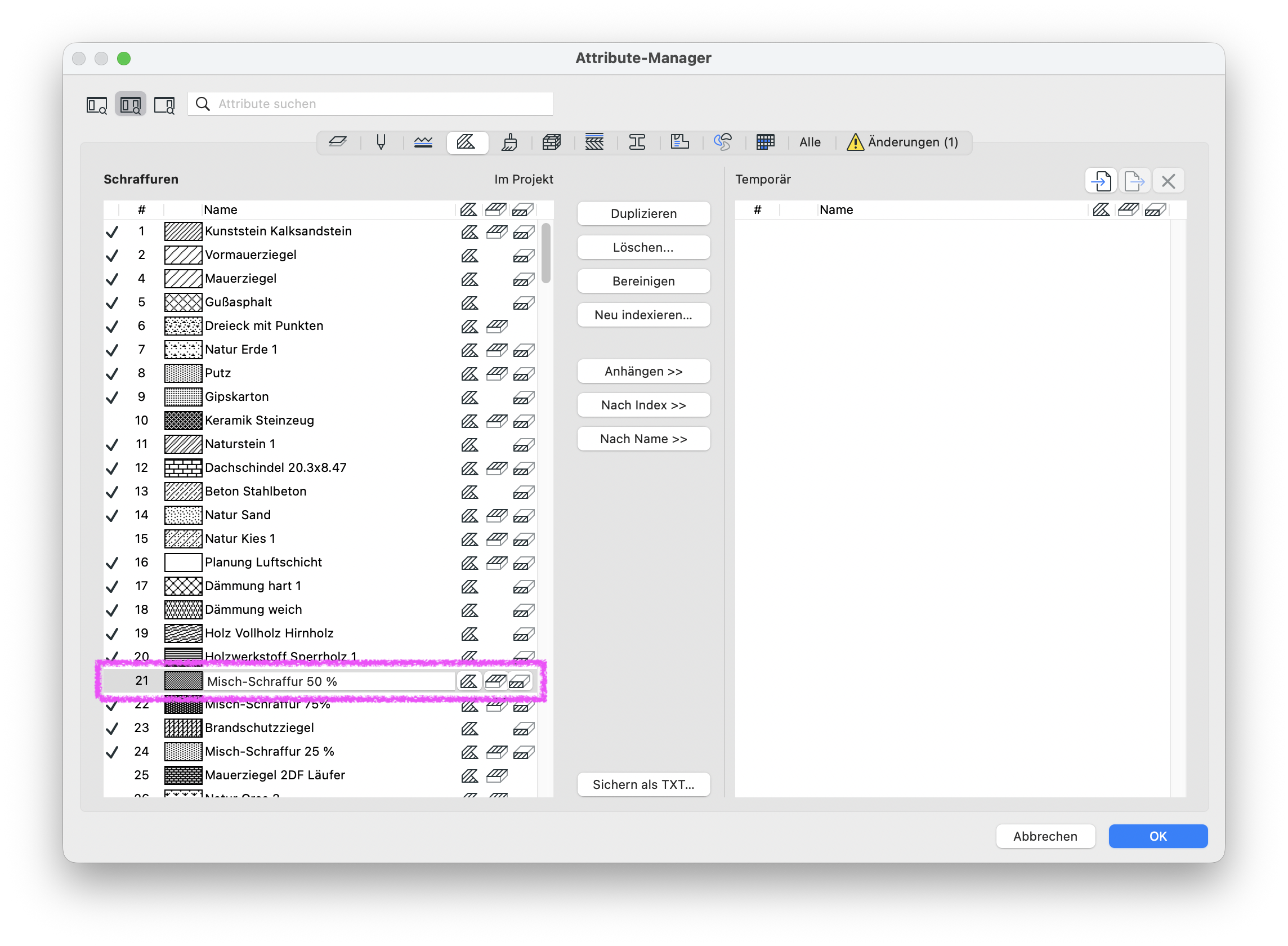 Im Dialog Attribut‑Manager im Register Schraffuren ist das Attribut Misch‑Schraffur 50 % mit der Indexnummer 21 markiert, eine magenta Hervorhebung, die die Namensanpassung sichtbar macht.