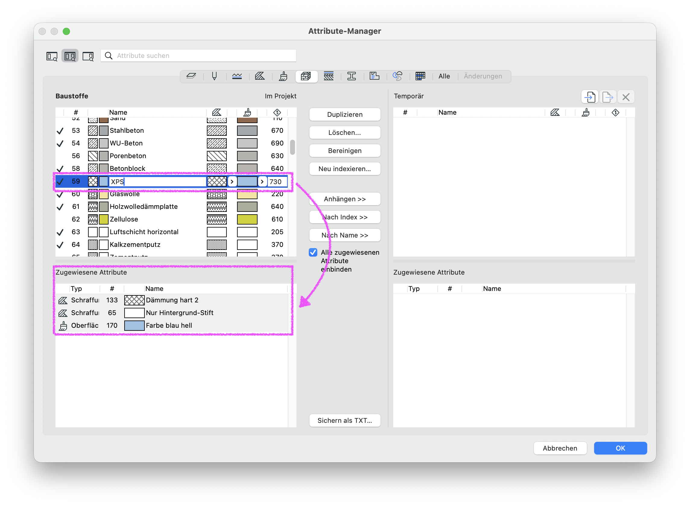 Im Dialog Attribut‑Manager ist im linken Bereich Baustoffe der Baustoff XPS mit der Indexnummer 59 ausgewählt und darunter zeigt der Bereich Zugewiesene Attribute in einer magenta markierten Liste die diesem Baustoff zugeordneten Attribute, nämlich die Schraffuren Dämmung hart 2 und Nur Hintergrund‑Stift sowie die Oberfläche Farbe blau hell, während der rechte Bereich Temporär und dessen Tabelle Zugewiesene Attribute noch leer sind.