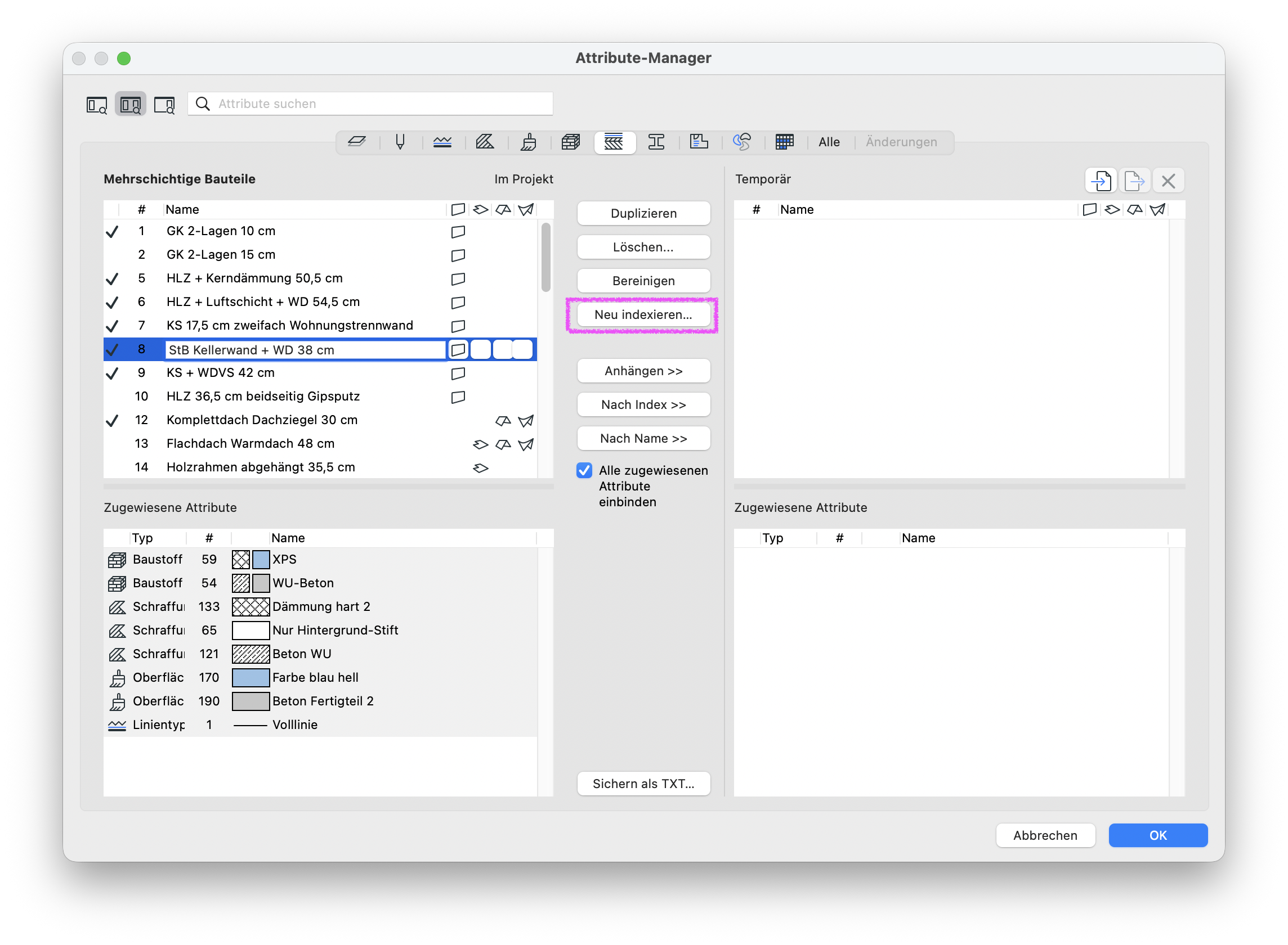 Im Dialog Attribut‑Manager ist im Bereich Mehrschichtige Bauteile erneut das Bauteil StB Kellerwand + WD 38 cm mit der Indexnummer 8 ausgewählt und rechts daneben in der mittleren Schaltflächenleiste ist die Option Neu indexieren… magenta hervorgehoben.