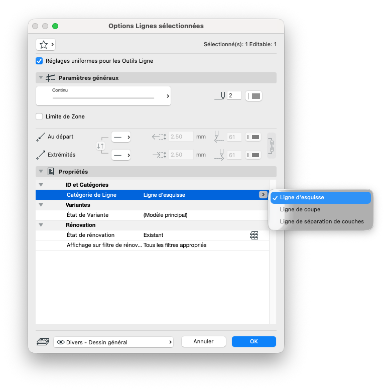 Fenêtre « Options Lignes sélectionnées » dans Archicad, montrant les réglages uniformes des outils Ligne et, dans la section Propriétés, le champ « Catégorie de Ligne » ouvert avec le choix « Ligne d’esquisse » activé parmi plusieurs types de lignes.