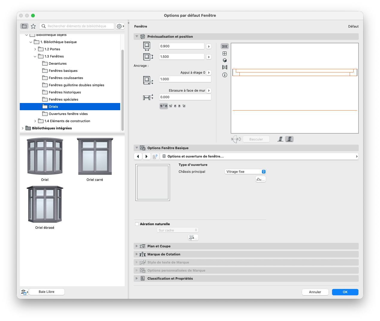 Fenêtre « Options par défaut Fenêtre » dans Archicad, avec à gauche la bibliothèque d’éléments montrant les fenêtres « Oriel » sélectionnées et, à droite, les réglages de prévisualisation, position et type d’ouverture « Vitrage fixe » pour la fenêtre de base.