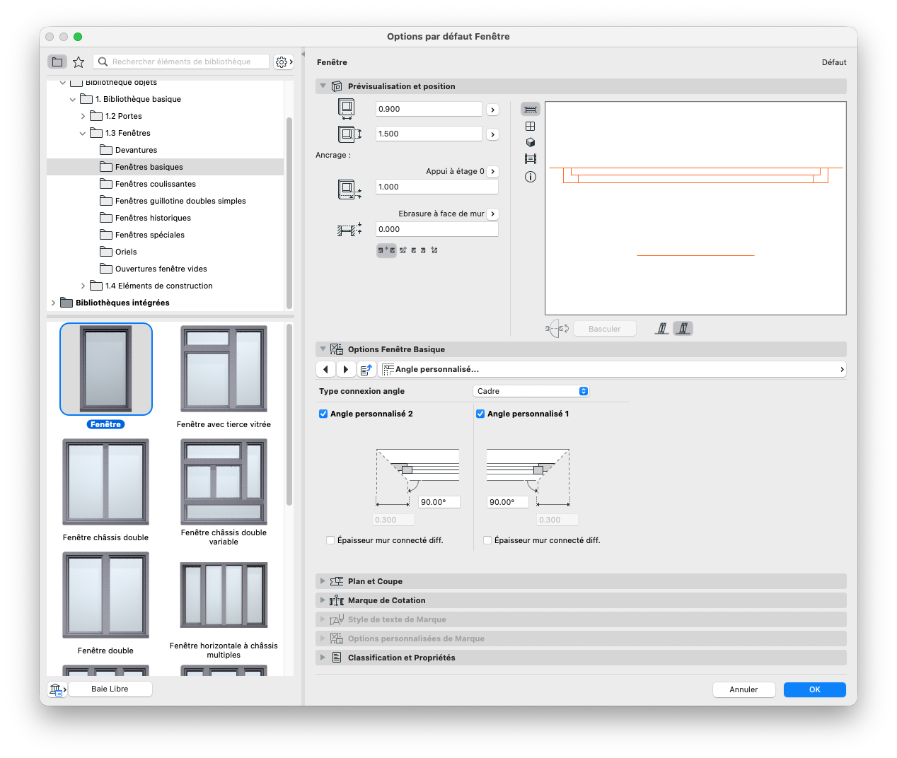 Fenêtre « Options par défaut Fenêtre » dans Archicad, montrant à gauche la bibliothèque de fenêtres 2D/3D et, à droite, les réglages de prévisualisation, position, options de fenêtre basique et angles personnalisés pour le cadre.