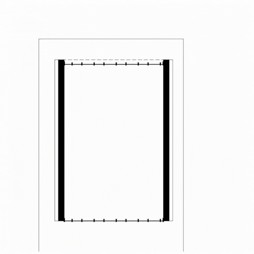 Vue de plan Archicad d’une coque rectangulaire, représentée par un remplissage noir épais encadrant l’ouverture centrale, avec des repères réguliers le long des bords supérieur et inférieur.