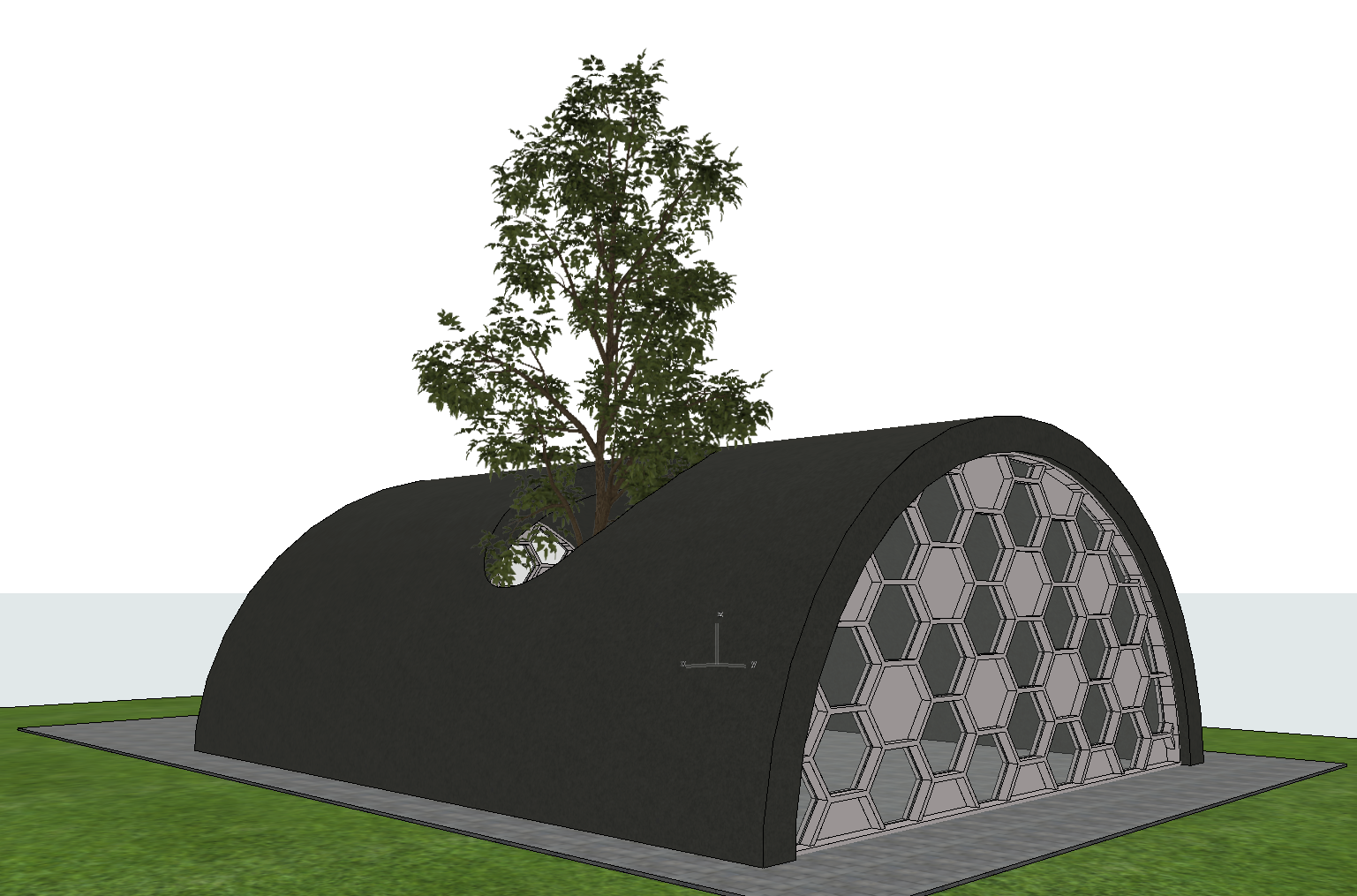 Vue 3D Archicad d’un bâtiment voûté sombre avec façade en panneaux hexagonaux vitrés et ouverture circulaire dans la coque, laissant passer un arbre qui traverse la toiture, posé sur une dalle entourée de pelouse.