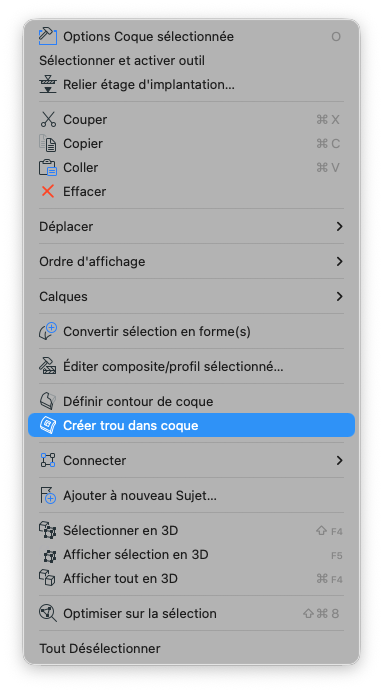 Menu contextuel Archicad en français pour une coque, affichant les commandes Couper, Copier, Coller, Effacer, Déplacer, Calques, Convertir sélection en forme(s) et l’option « Créer trou dans coque » surlignée en bleu.