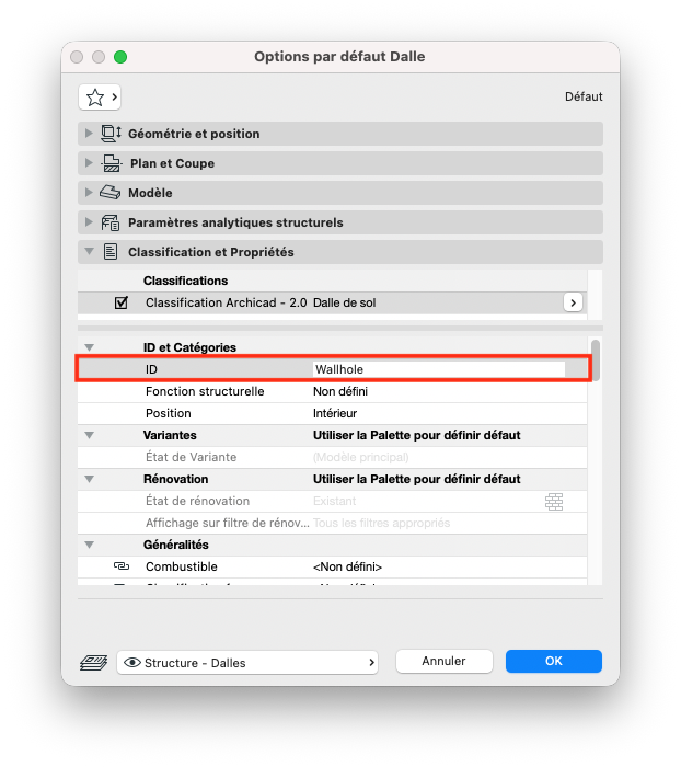 Boîte de dialogue « Options par défaut Dalle » dans Archicad, onglet « Classification et Propriétés » ouvert. La section « ID et Catégories » est visible, avec le champ « ID » renseigné avec la valeur « Wallhole », encadré en rouge pour mettre en évidence la zone à modifier.
