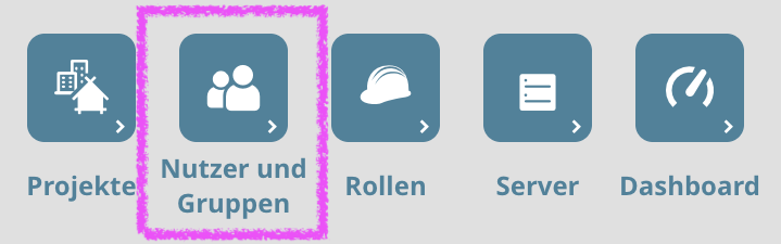 Hervorgehobene Schaltfläche 'Nutzer und Gruppen' auf der Startseite im BIMcloud Manager.