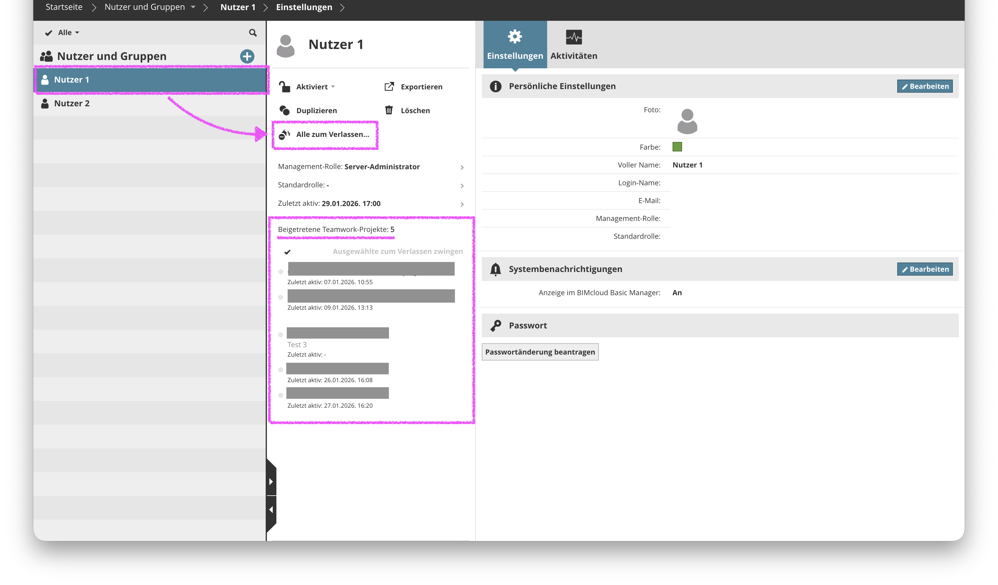 Im Browserfenster der BIMcloud ist im Bereich Nutzer und Gruppen links der Eintrag Nutzer 1 ausgewählt und magenta markiert, im mittleren Bereich der Detailansicht erscheint oben die Aktion Alle zum Verlassen… hervorgehoben und darunter die Liste Beigetretene Teamwork‑Projekte: 5 in der mehrere Projekte aufgelistet sind, sodass erkennbar wird dass für diesen Benutzer zentral ein erzwungenes Verlassen aller currently betretenen Teamwork‑Projekte ausgelöst werden kann.