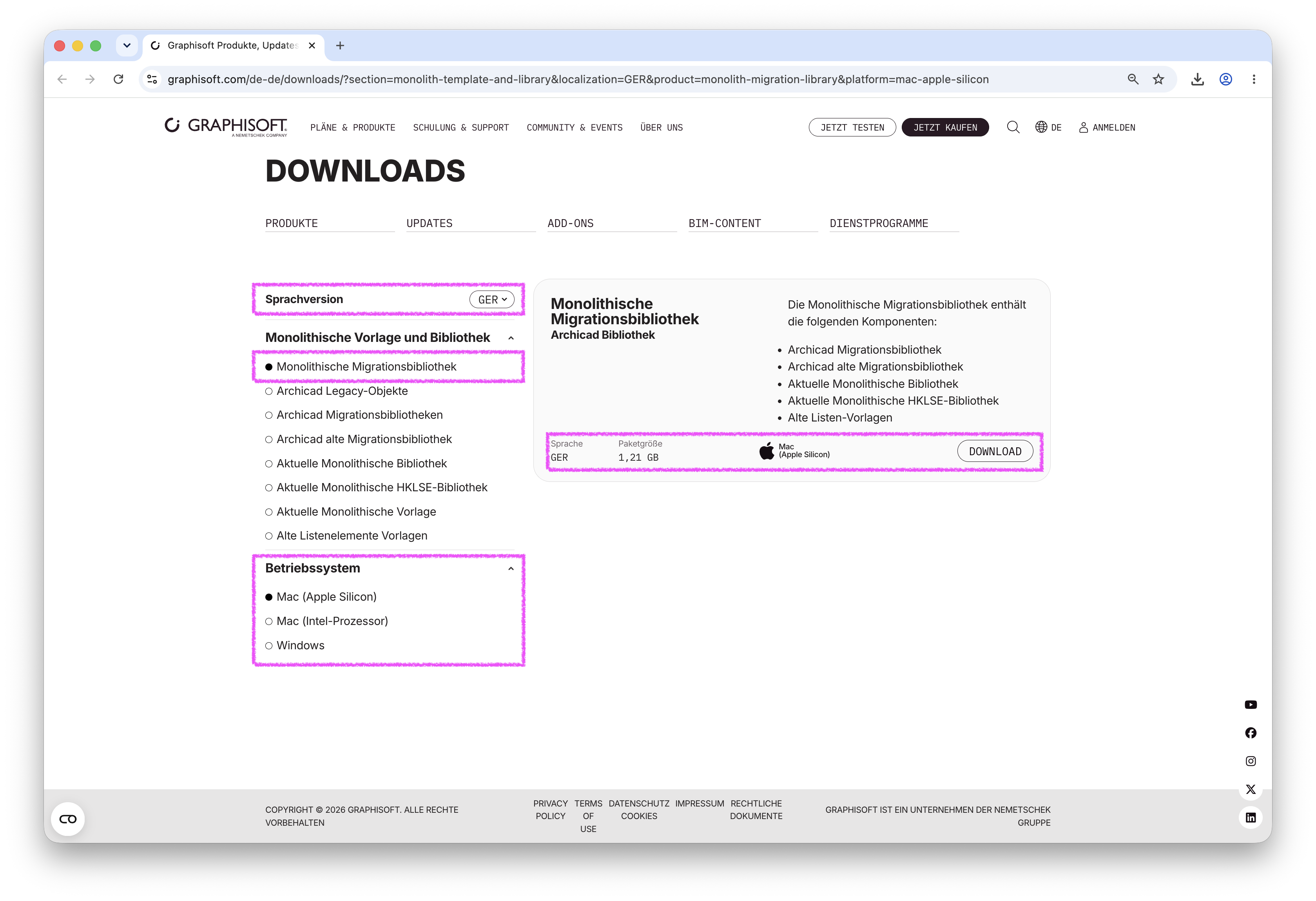 Im Browserfenster der GRAPHISOFT Downloads‑Seite ist oben die Sprachversion auf GER gestellt, im linken Bereich unter Monolithische Vorlage und Bibliothek die Option Monolithische Migrationsbibliothek sowie darunter im Abschnitt Betriebssystem Mac (Apple Silicon) ausgewählt, während rechts im Detailbereich die Monolithische Migrationsbibliothek – Archicad Bibliothek mit Sprache GER, Paketgröße 1,21 GB und dem Betriebssystem‑Symbol Mac (Apple Silicon) angezeigt wird und daneben der hervorgehobene Button Download bereitsteht.