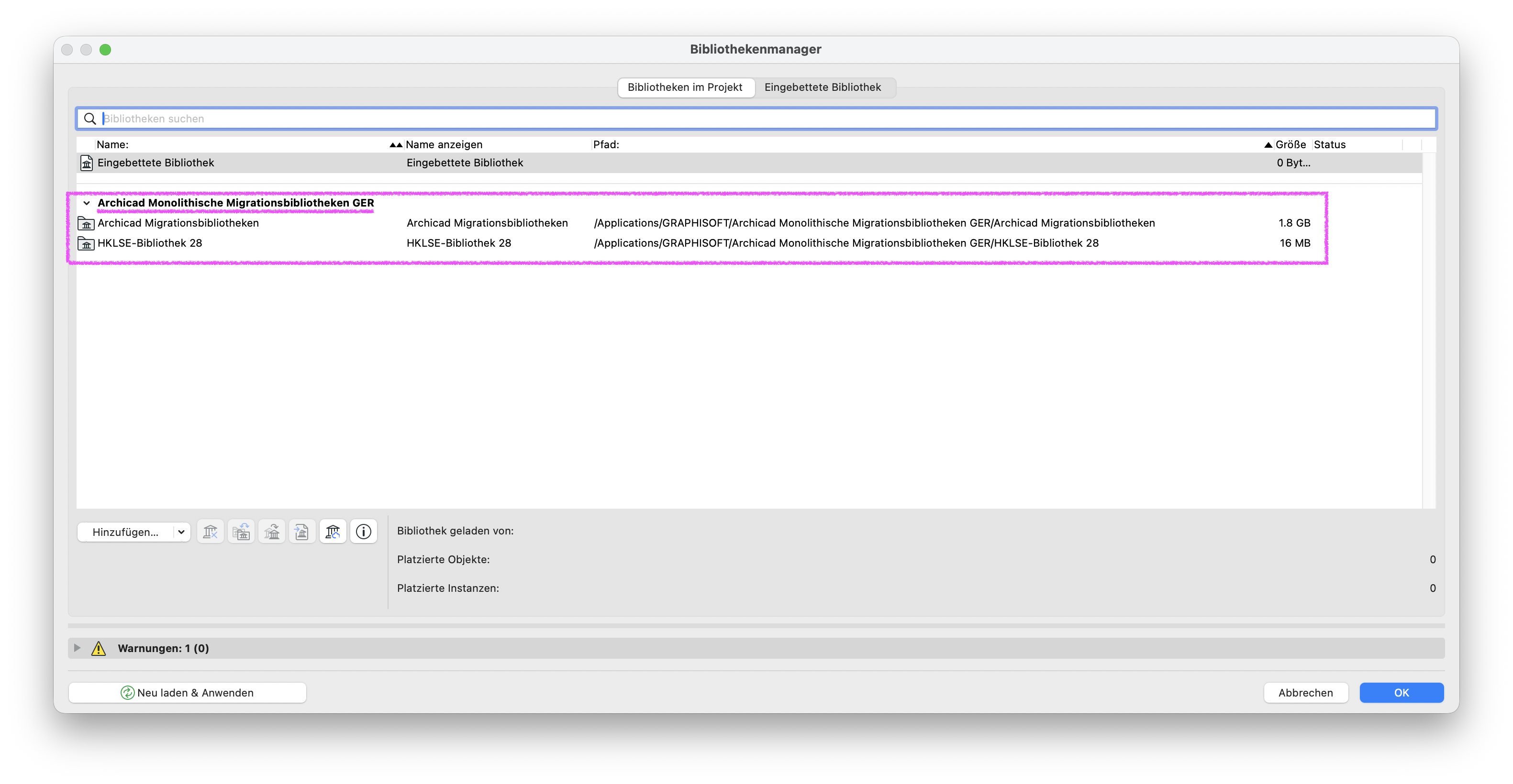 Im Dialog Bibliothekenmanager ist im Reiter Bibliotheken im Projekt der Eintrag Archicad Monolithische Migrationsbibliotheken GER aufgeklappt und magenta hervorgehoben, darunter sind die beiden Teillibraries Archicad Migrationsbibliotheken und HKLSE‑Bibliothek 28 mit ihren vollständigen Pfaden im GRAPHISOFT‑Programmordner sowie den Größen 1,8 GB und 16 MB aufgeführt, was zeigt dass die monolithische Migrationsbibliothek erfolgreich ins Projekt eingebunden wurde.