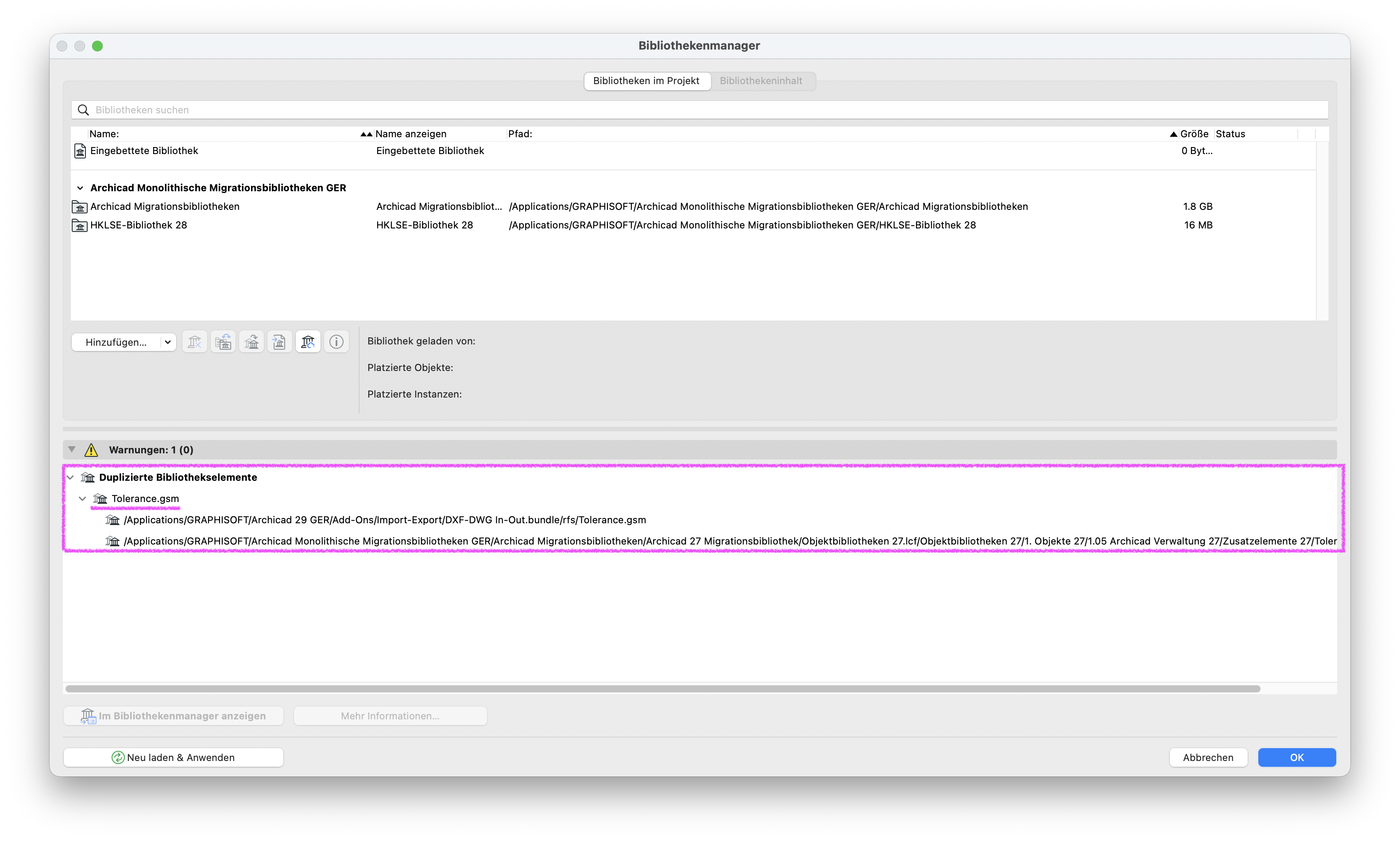 Im Dialog Bibliothekenmanager sind im Reiter Bibliotheken im Projekt die Archicad Monolithische Migrationsbibliotheken GER mit den Untereinträgen Archicad Migrationsbibliotheken und HKLSE‑Bibliothek 28 geladen, im unteren Bereich Warnungen: 1 (0) ist unter Duplizierte Bibliothekselemente der Eintrag Tolerance.gsm magenta hervorgehoben und es werden darunter die beiden vollständigen Pfade angezeigt, einmal aus dem Programmverzeichnis von Archicad 29 GER (Add‑On DXF‑DWG In‑Out.bundle) und einmal aus der monolithischen Migrationsbibliothek (Archicad 27 Migrationsbibliothek), womit ersichtlich wird dass genau dieses eine Bibliothekselement doppelt vorhanden ist.