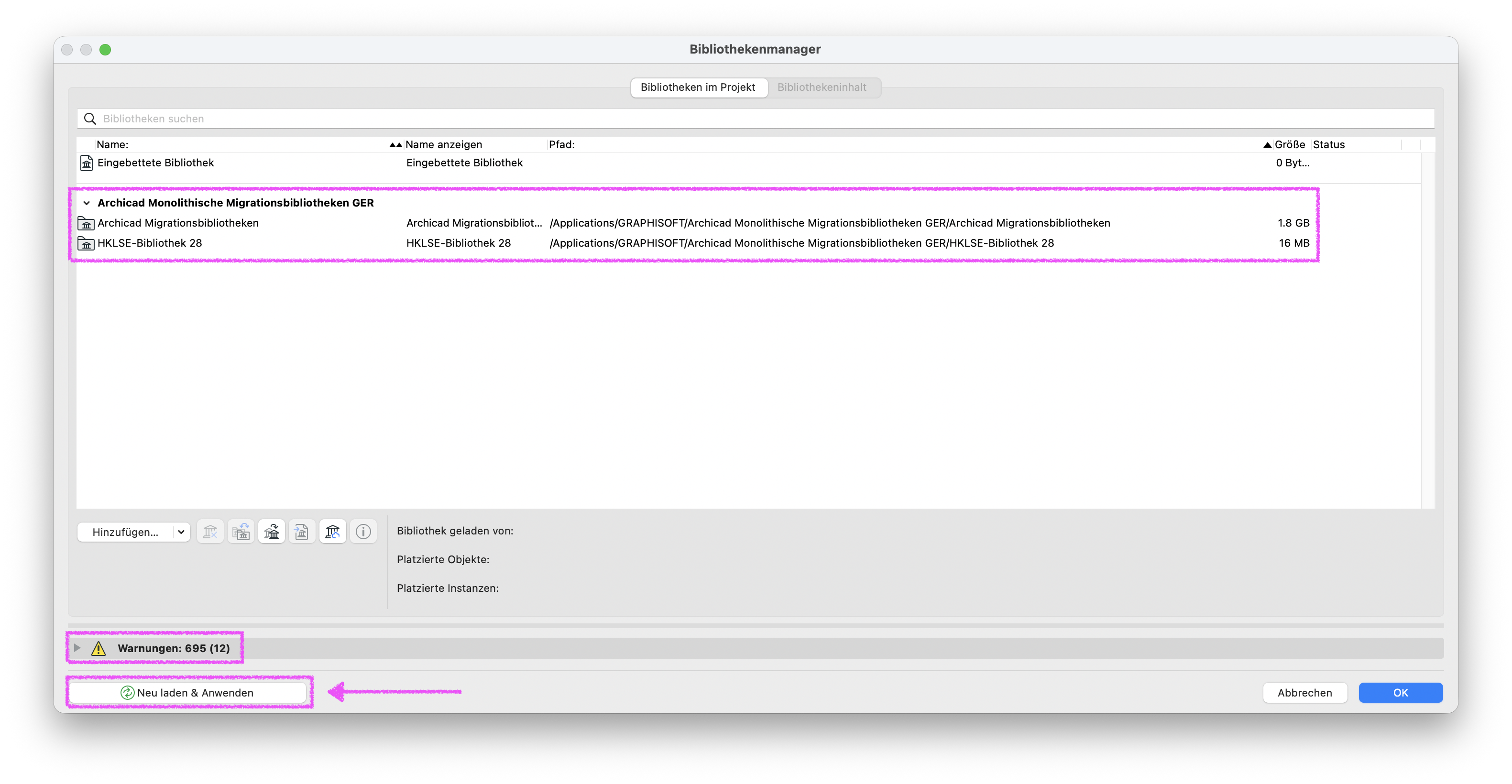 Im Dialog Bibliothekenmanager sind im Reiter Bibliotheken im Projekt neben der Eingebetteten Bibliothek jetzt die Archicad Monolithische Migrationsbibliotheken GER mit ihren beiden Untereinträgen Archicad Migrationsbibliotheken und HKLSE‑Bibliothek 28 magenta hervorgehoben, unten links zeigt der Bereich Warnungen: 695 (12) weiterhin bestehende Meldungen an und die Schaltfläche Neu laden & Anwenden ist hervorgehoben, wodurch deutlich wird dass nach dem Einbinden der monolithischen Migrationsbibliothek ein Neubeladen erforderlich ist damit alle Bibliothekselemente im Projekt aktualisiert werden.
