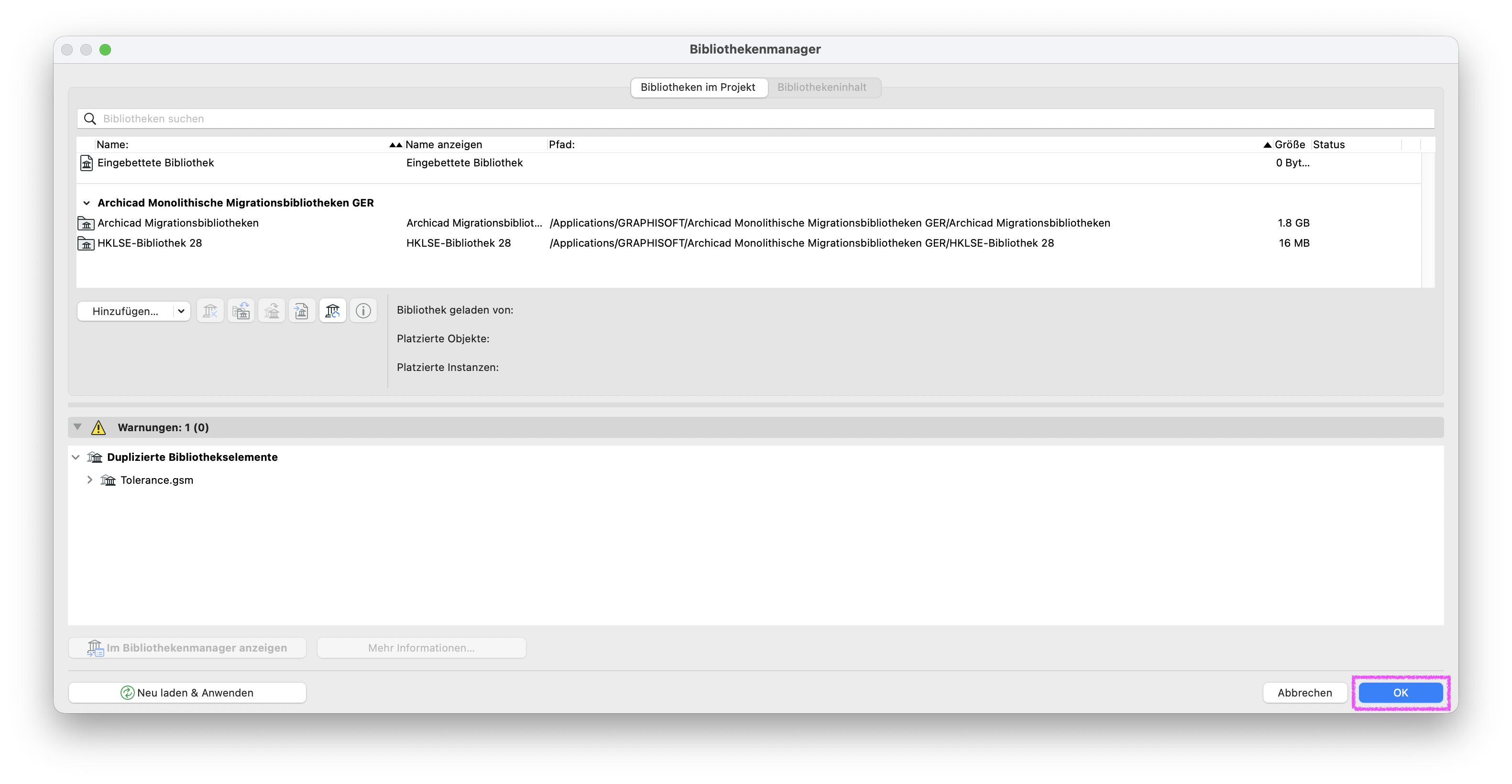 Im Dialog Bibliothekenmanager sind im Reiter Bibliotheken im Projekt die Archicad Monolithische Migrationsbibliotheken GER mit den Untereinträgen Archicad Migrationsbibliotheken und HKLSE‑Bibliothek 28 eingebunden, im unteren Bereich Warnungen: 1 (0) ist nur noch der Hinweis Duplizierte Bibliothekselemente – Tolerance.gsm aufgeführt und rechts unten ist die Schaltfläche OK magenta hervorgehoben, was zeigt dass nach erfolgreicher Migration der Bibliotheken nur noch eine einzelne, unkritische Doppelbelegung verbleibt und der Dialog jetzt mit OK geschlossen werden kann.