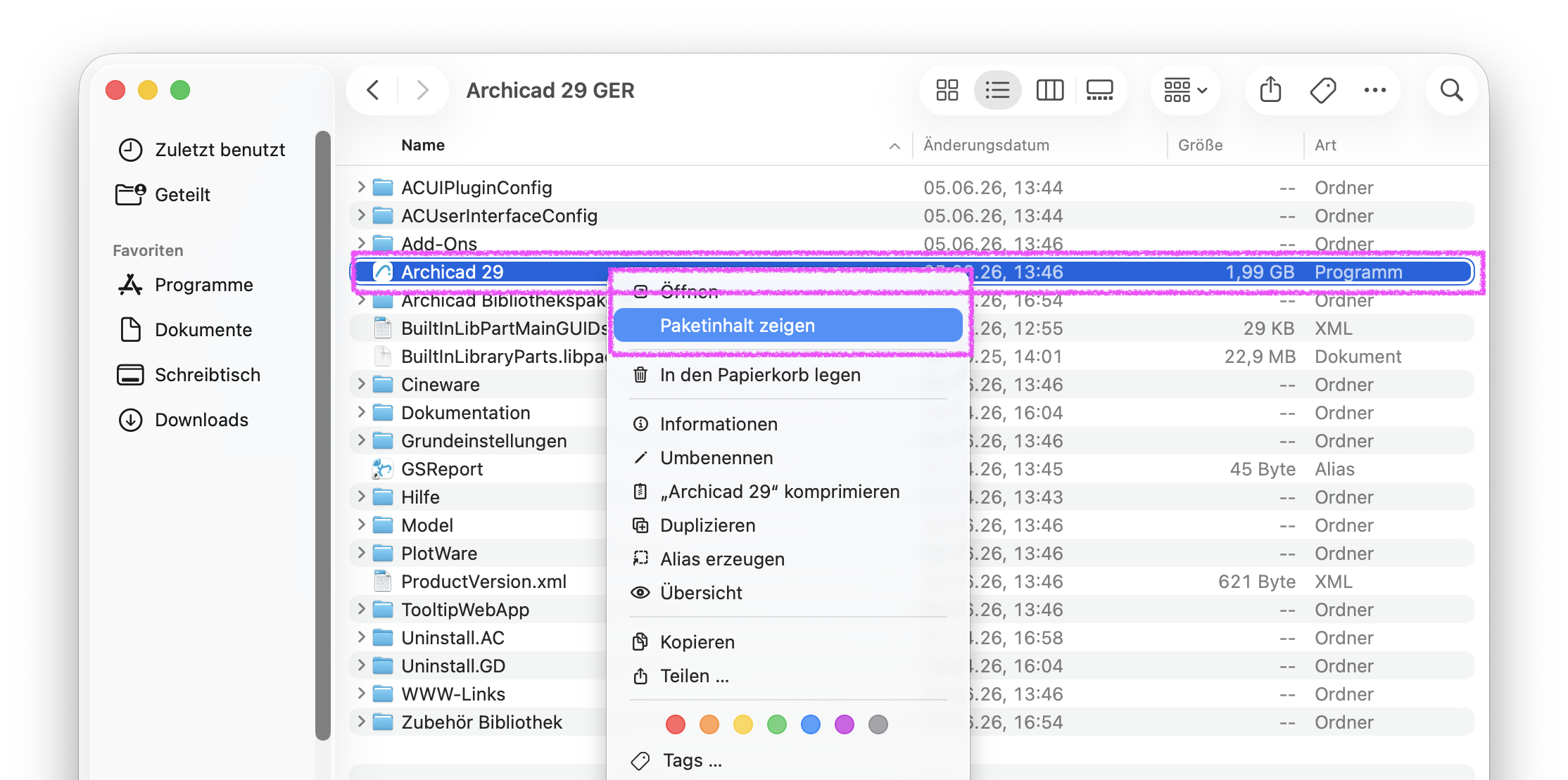 Im Finder‑Fenster Archicad 29 GER ist das Programmsymbol Archicad 29 magenta hervorgehoben und das Kontextmenü mit dem Eintrag Paketinhalt zeigen ist geöffnet.