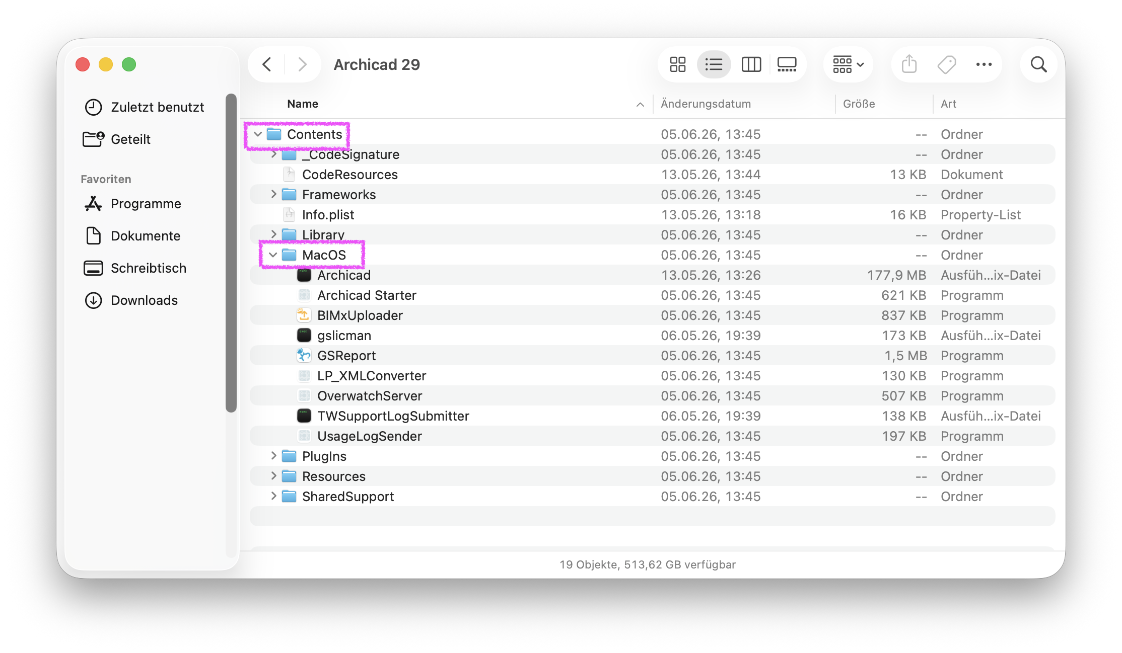 Im geöffneten Paket der Anwendung Archicad 29 wird der Ordner Contents magenta hervorgehoben, innerhalb davon ist der Unterordner MacOS markiert, darunter sind die ausführbaren Dateien wie Archicad, Archicad Starter und weitere Hilfsprogramme sichtbar, was den internen Aufbau des Programm‑Bundles zeigt und verdeutlicht wo sich die eigentliche startbare Binärdatei sowie weitere Systemkomponenten befinden.
