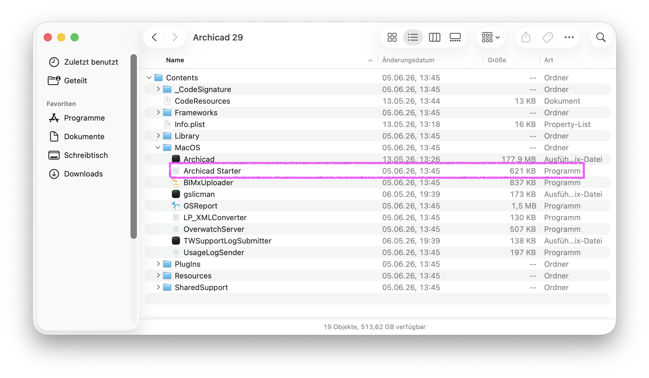 Im geöffneten Paket Archicad 29 wird im Ordner MacOS die Datei Archicad Starter magenta hervorgehoben, daneben sind Änderungsdatum 05.06.26, 13:45, die Größe 621 KB und die Art Programm sichtbar, was zeigt dass es sich um ein separates Startprogramm innerhalb des Archicad‑Bundles handelt das zum initialen Startvorgang oder für spezielle Startoptionen verwendet wird.