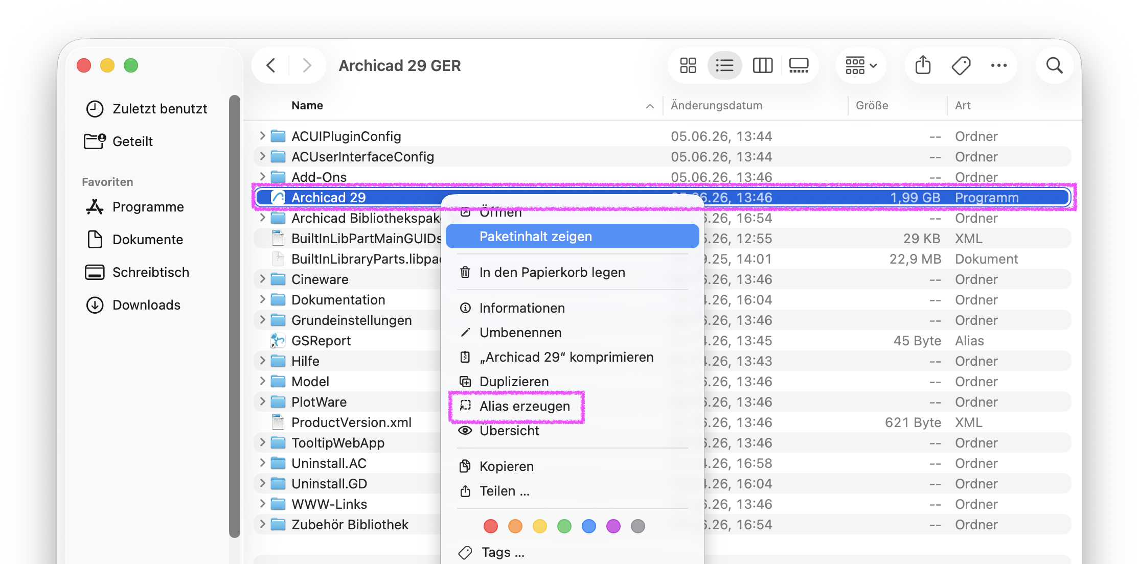 Im Ordner Archicad 29 GER ist die Anwendung Archicad 29 magenta hervorgehoben, rechts daneben werden Änderungsdatum, Größe und der Typ Programm angezeigt, das Kontextmenü ist geöffnet und zeigt unter anderem die Optionen Paketinhalt zeigen und weiter unten die markierte Option Alias erzeugen.