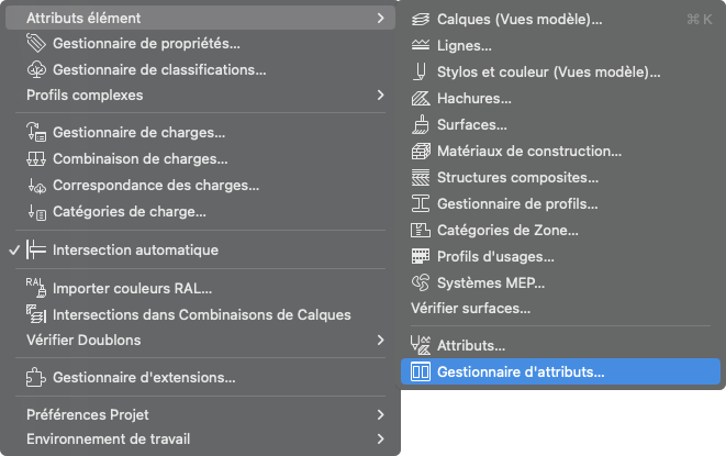Menu Archicad en français ouvert sur «Attributs élément», affichant les sous-menus pour propriétés, classifications, combinaisons de charges, calques, lignes, hachures, surfaces, matériaux, profils et systèmes MEP, avec l’option «Gestionnaire d’attributs…» surlignée en bas à droite.