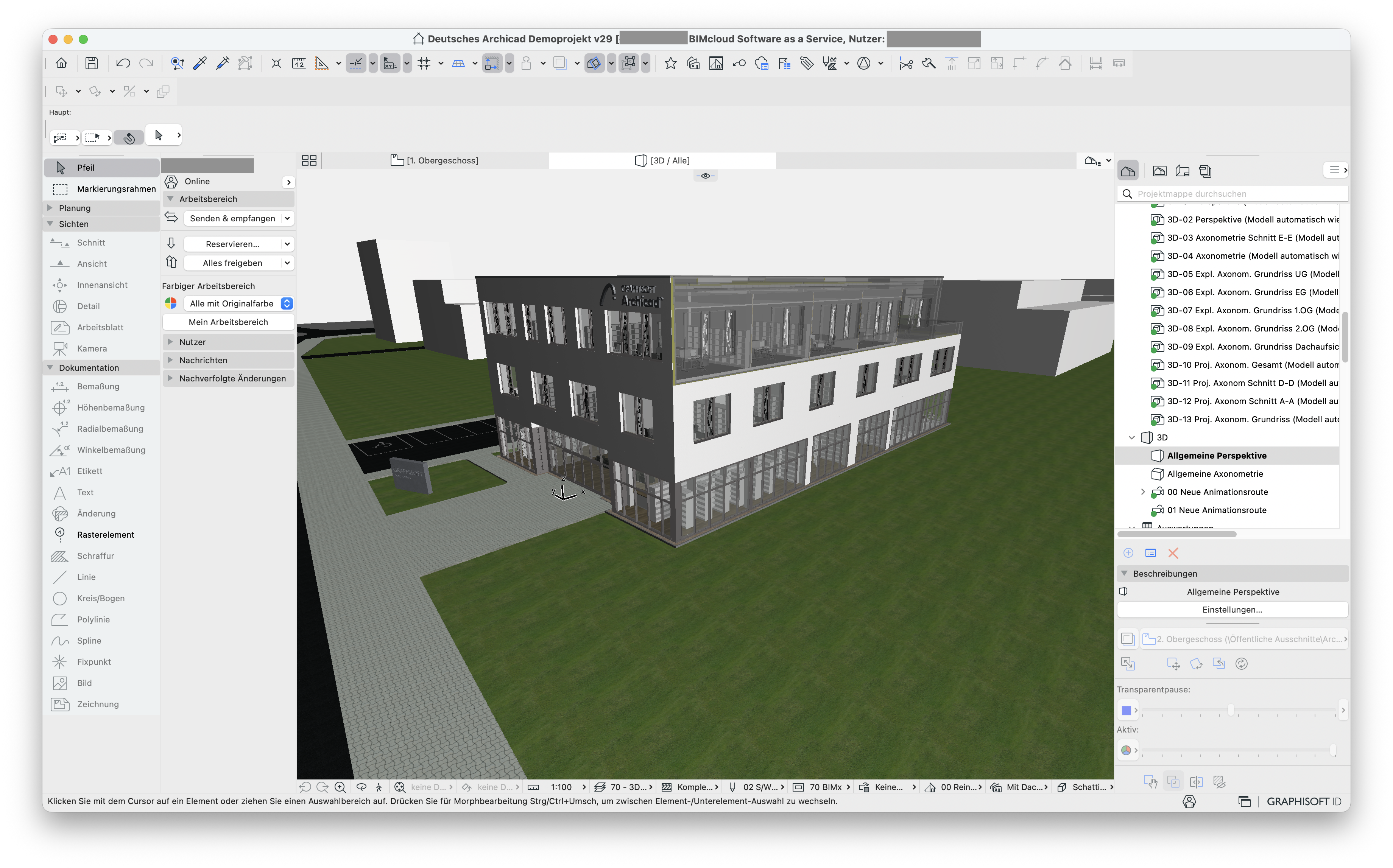 3D‑Fenster eines Teamwork‑Projekts mit mehrgeschossigem Bürogebäude, dessen Elemente teilweise grau eingefärbt sind, nachdem das Projekt freigegeben wurde.