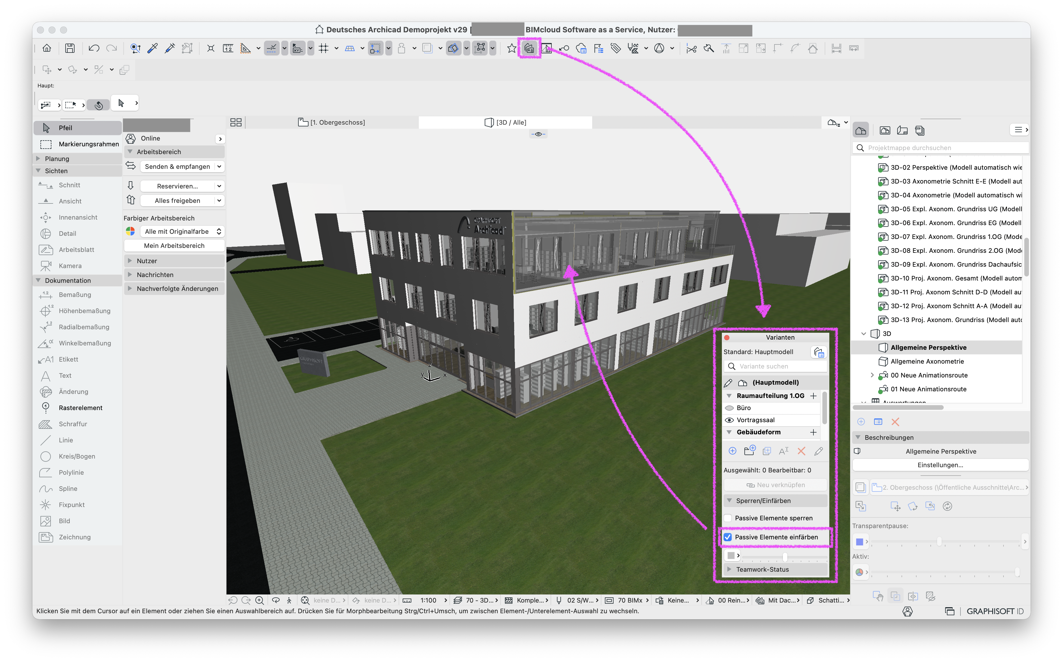 3D‑Fenster eines Teamwork‑Projekts mit mehrgeschossigem Bürogebäude, dessen Elemente teilweise grau eingefärbt sind, während mit einer pink markierten Linie auf das Varianten‑Symbol in der Symbolleiste und die geöffnete Varianten‑Palette mit aktivierter Option Passive Elemente einfärben hingewiesen wird.