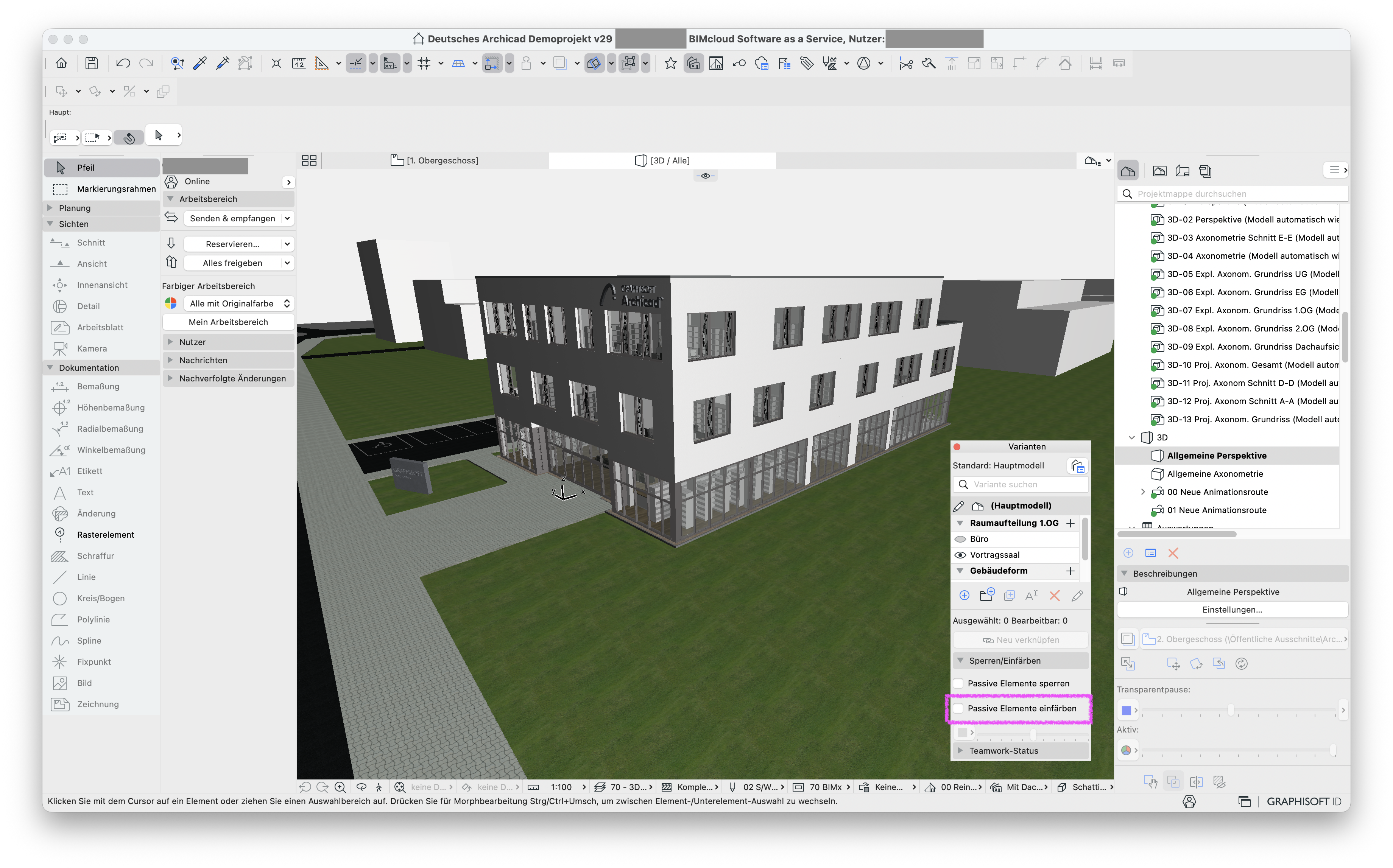 3D‑Fenster eines Teamwork‑Projekts mit mehrgeschossigem Bürogebäude, dessen Elemente nach dem Deaktivieren der Variantenoption Passive Elemente einfärben wieder mit ihren ursprünglichen Oberflächen und Farben dargestellt werden.