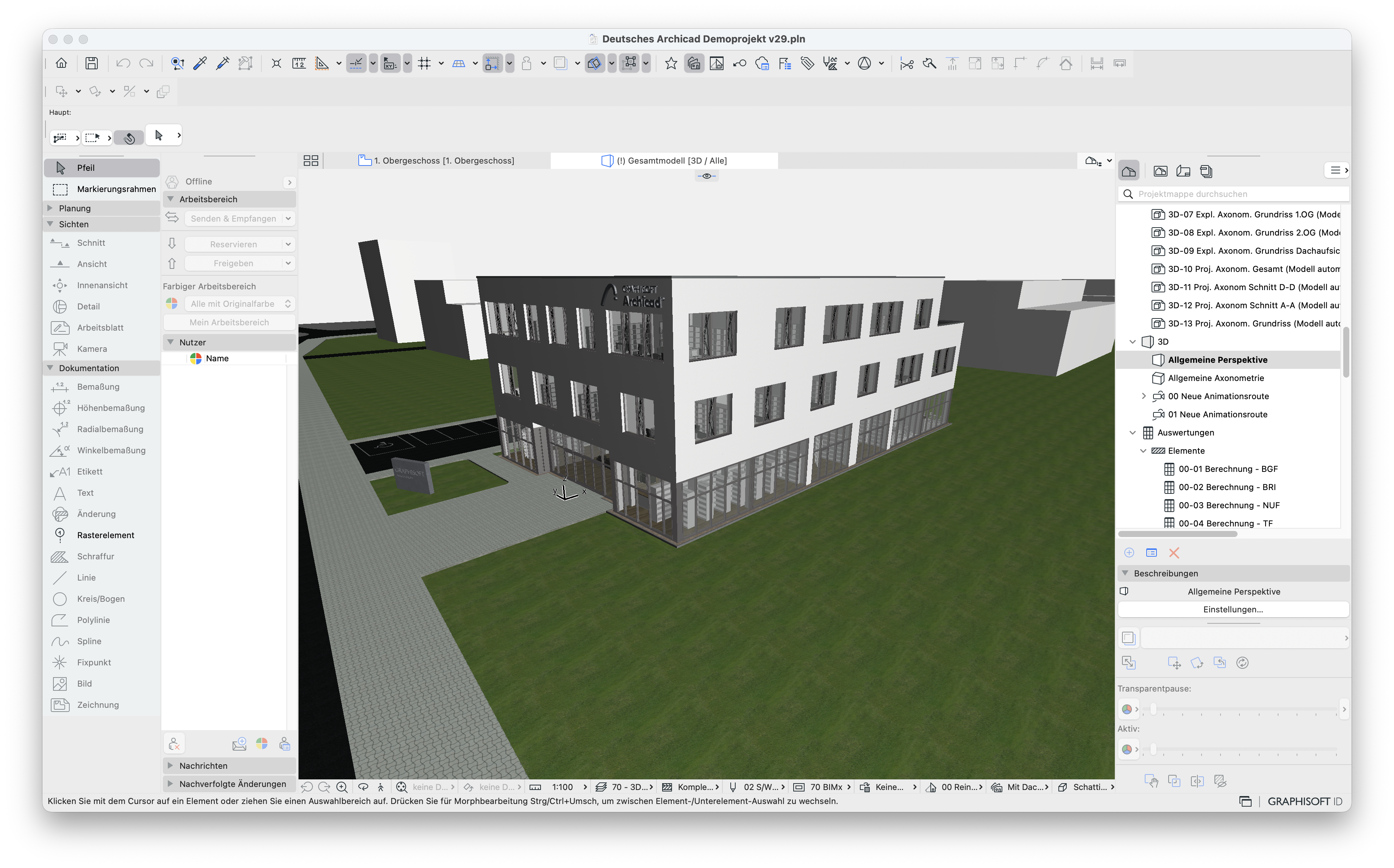Im gezeigten 3D‑Fenster handelt es sich um ein Soloprojekt, in dem alle Elemente im Modellbereich in ihren Originalfarben dargestellt werden.