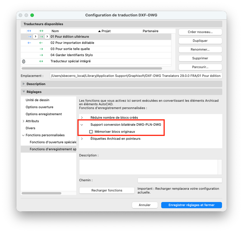  Fenêtre « Configuration de traduction DXF-DWG » d’Archicad montrant la liste des traducteurs disponibles en haut. Dans la section « Réglages », le groupe « Réduire nombre de blocs créés » est développé et la ligne « Support conversion bilatérale DWG-PLN-DWG » ainsi que l’option « Mémoriser blocs originaux » sont encadrées en rouge pour mettre en avant ces paramètres.