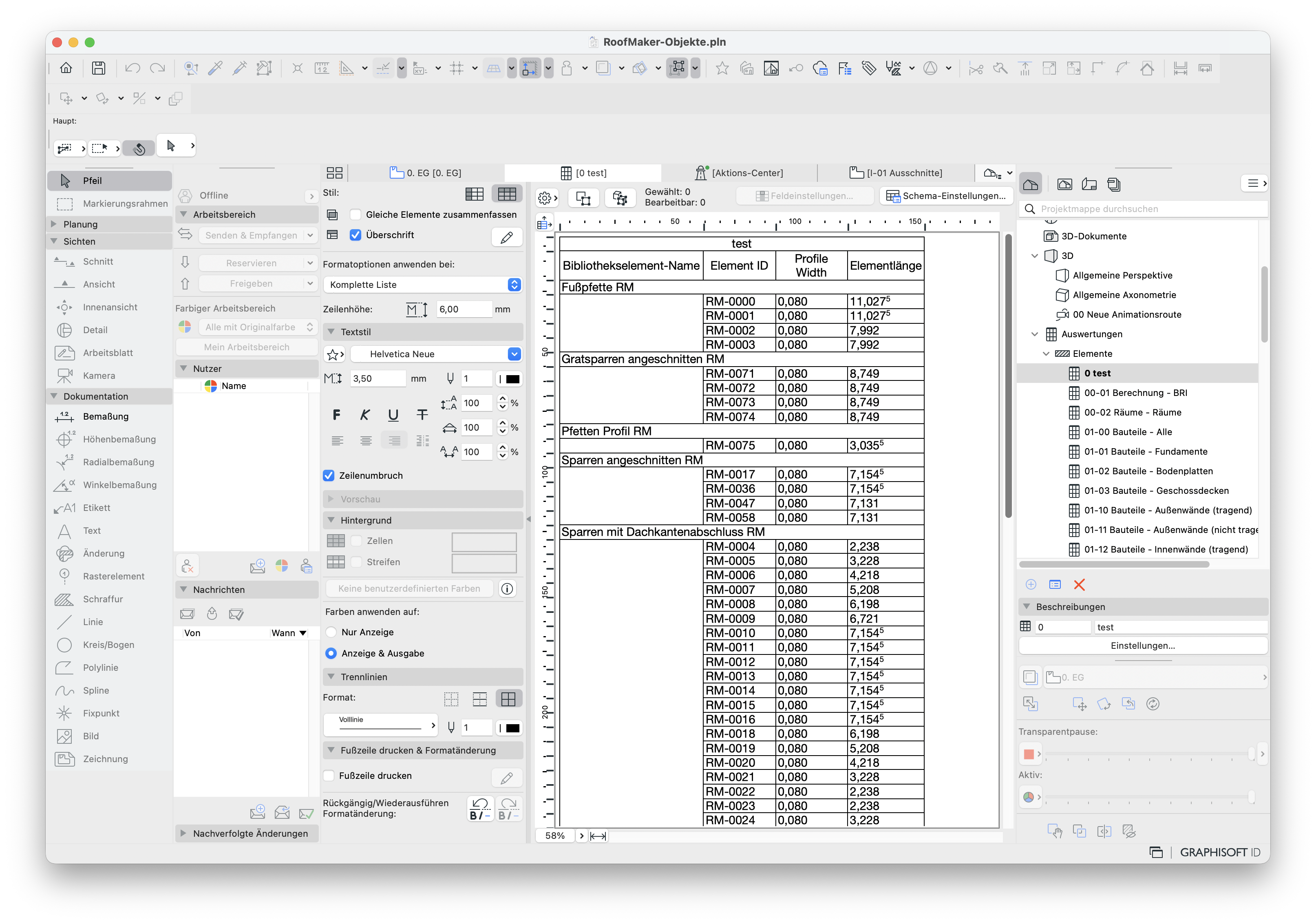 Auswertung, die in einer Tabelle alle RoofMaker‑Objekte mit den Spalten Bibliothekselement‑Name, Element ID, Profile Width und Elementlänge auflistet, während links die Einstellungen für das Listendarstellungs‑Layout angezeigt werden.