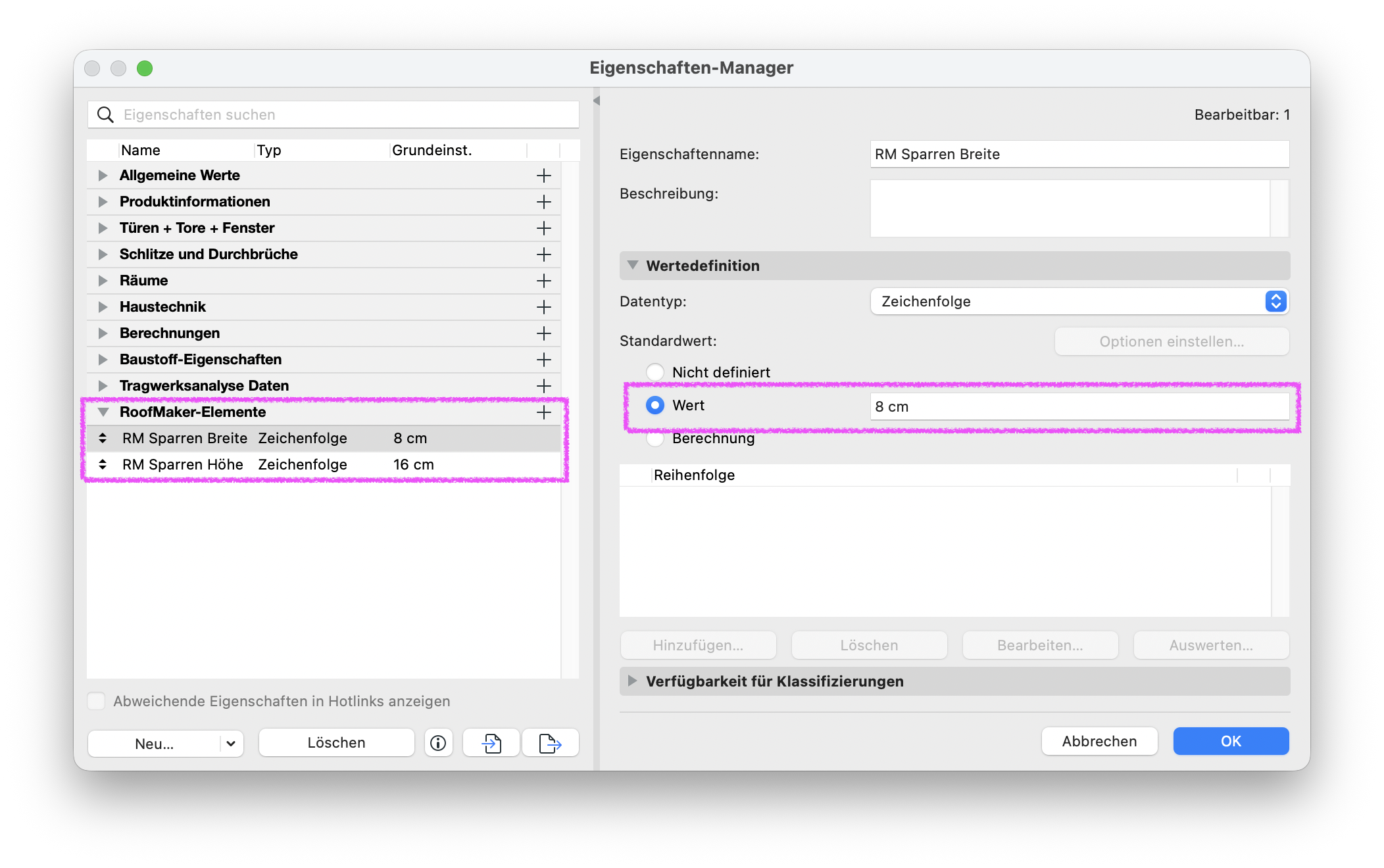 Dialog Eigenschaften‑Manager mit geöffneter Gruppe RoofMaker‑Elemente, in der die beiden Eigenschaften RM Sparren Breite und RM Sparren Höhe als Zeichenfolge definiert sind und für RM Sparren Breite der Standardwert 8 cm eingetragen ist.