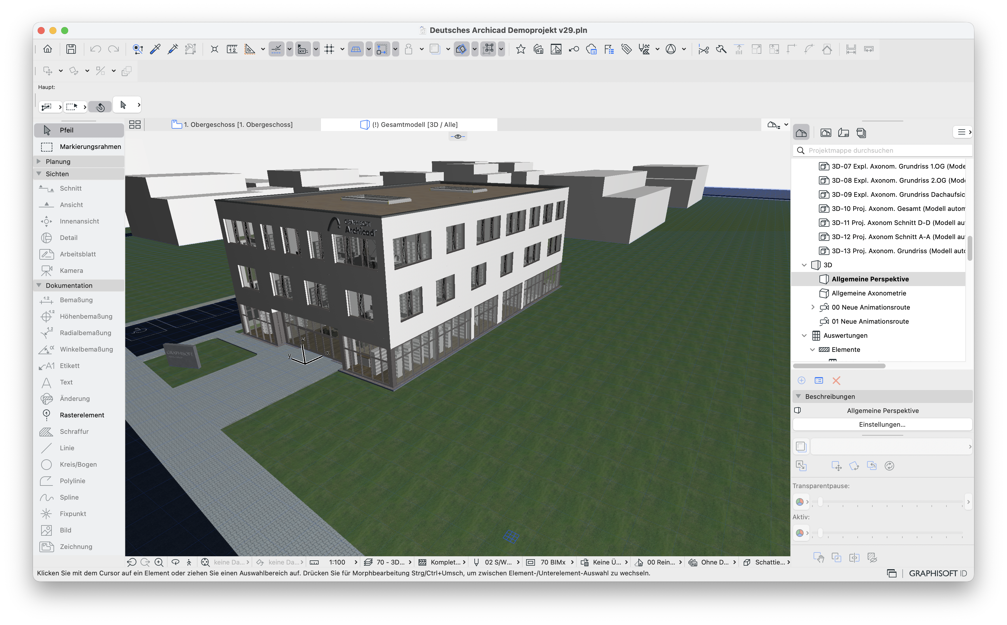 3D‑Fenster eines Soloprojekts mit mehrgeschossigem Bürogebäude.