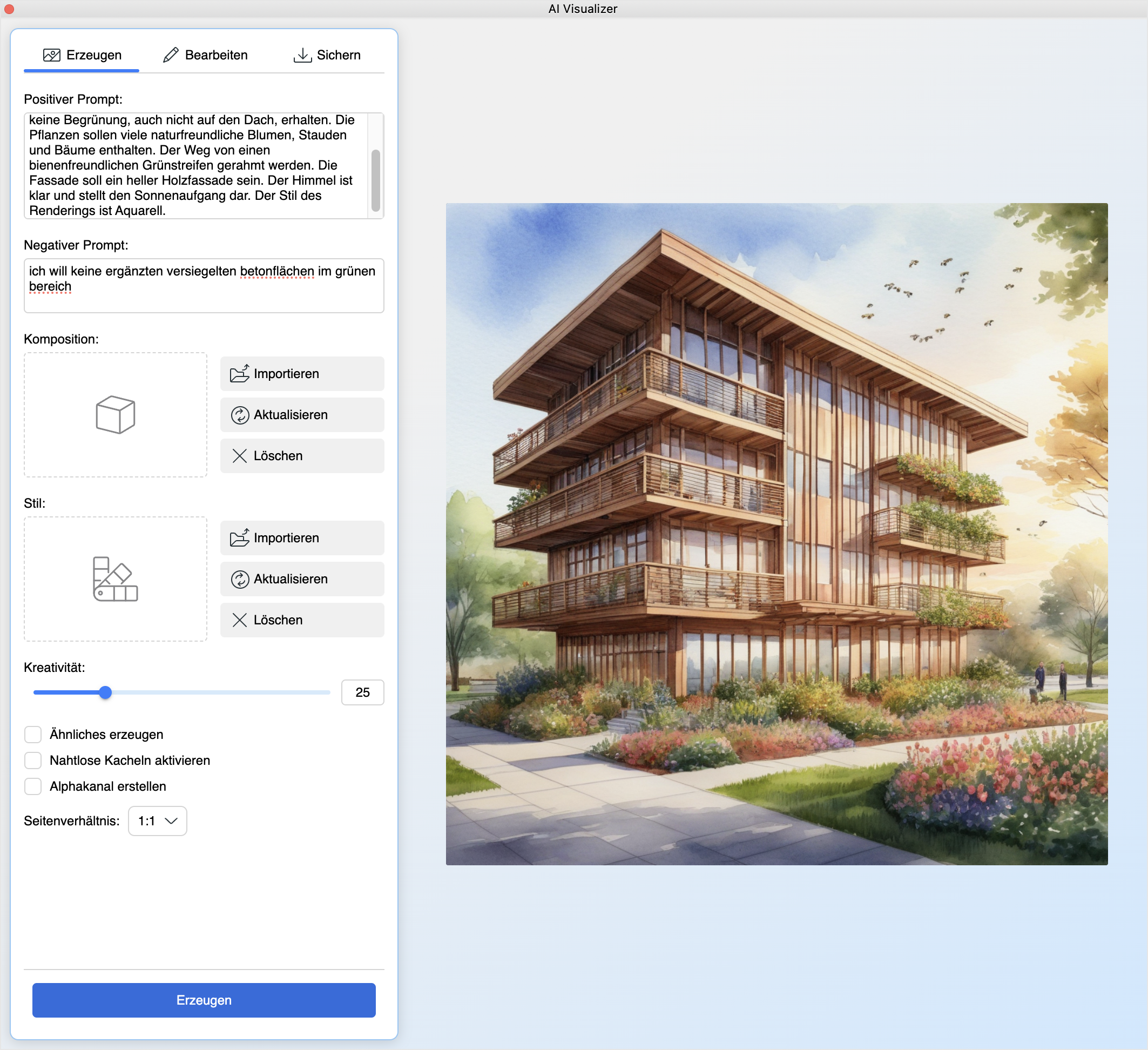 Benutzeroberfläche des AI Visualizer mit ausgefülltem positivem und negativem Prompt, in dem mithilfe einer aquarellartigen Rendering‑Vorgabe aus dem zuvor gezeigten 3D‑Modell ein visualisiertes Holz‑Gebäude mit begrüntem Umfeld erzeugt wurde, ohne direkten Bezug zum 3D‑Fenster des Modells.