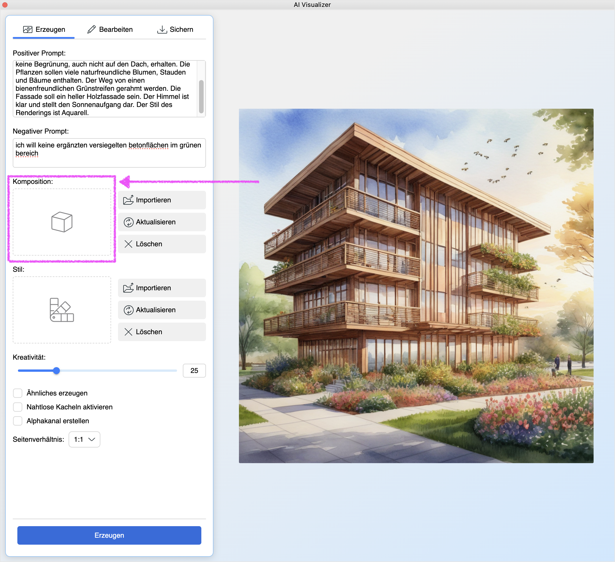 AI‑Visualizer‑Fenster mit eingegebenem positivem und negativem Prompt, bei dem im Bereich Komposition keine Referenz aus dem 3D‑Modell definiert ist.