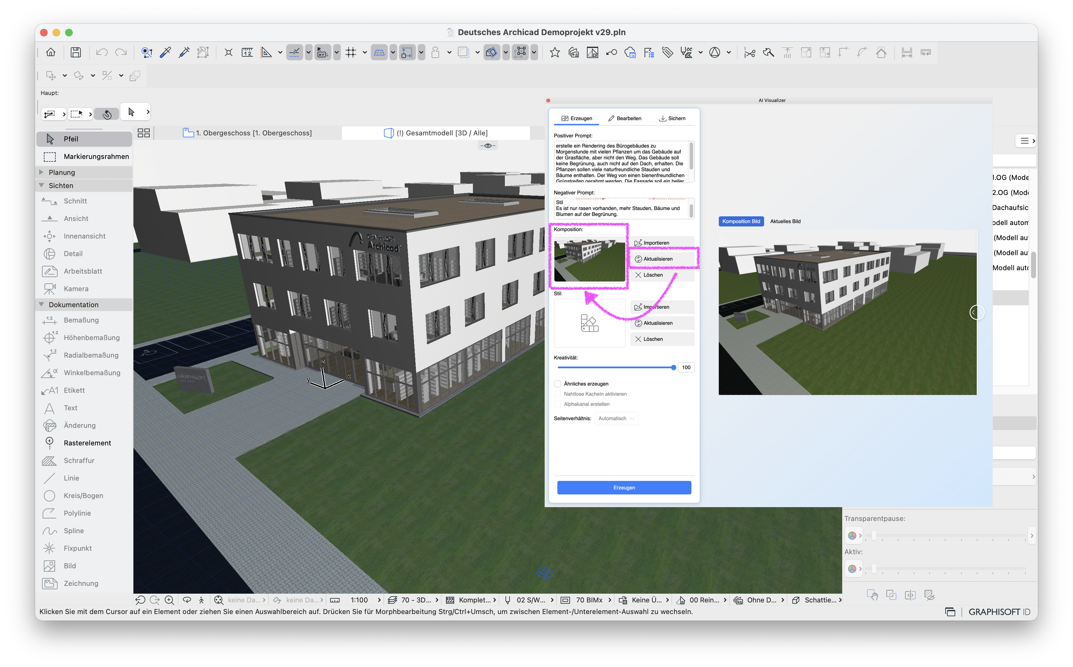 3D‑Fenster eines Soloprojekts mit mehrgeschossigem Bürogebäude, bei dem im geöffneten AI‑Visualizer die aktuelle 3D‑Ansicht als Komposition Bild importiert wurde, sodass das generierte Bild im rechten Bereich direkt auf dieser Modellansicht basiert und über die Schaltfläche Aktualisieren bei Änderungen am 3D‑Modell angepasst werden kann.